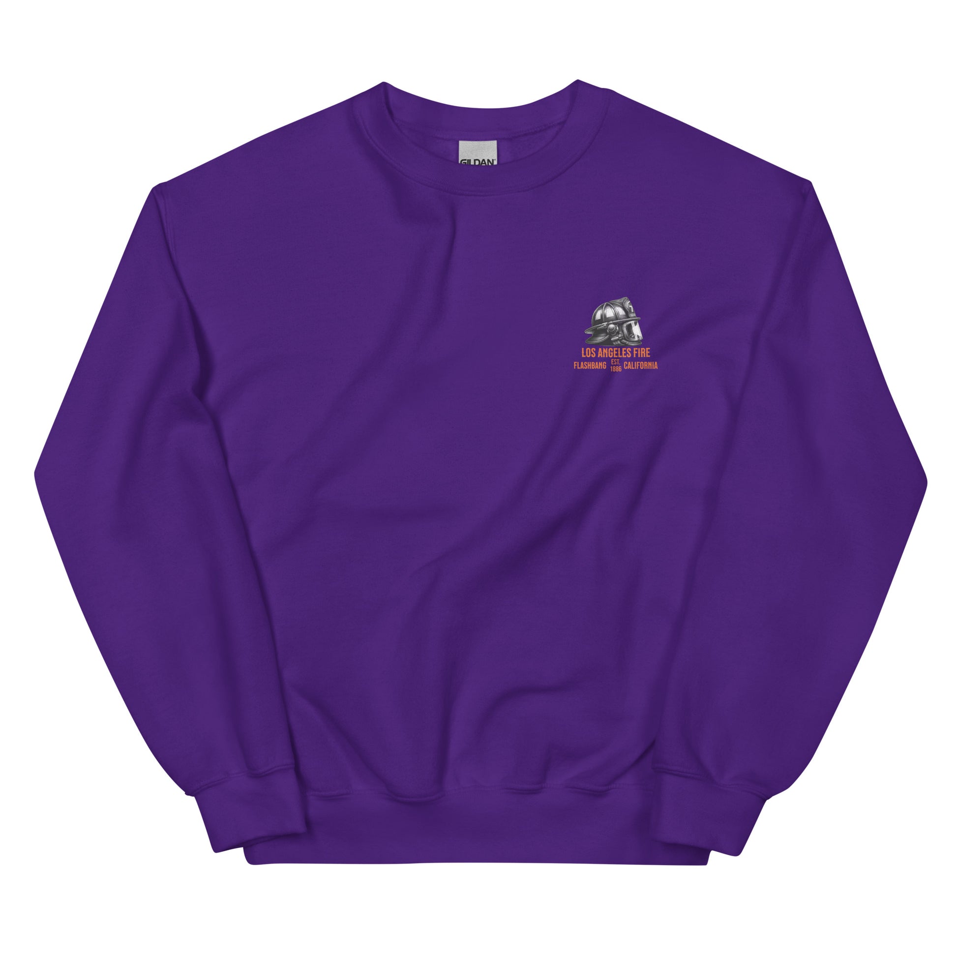 Purple sweatshirt with a logo on the chest against a white background
