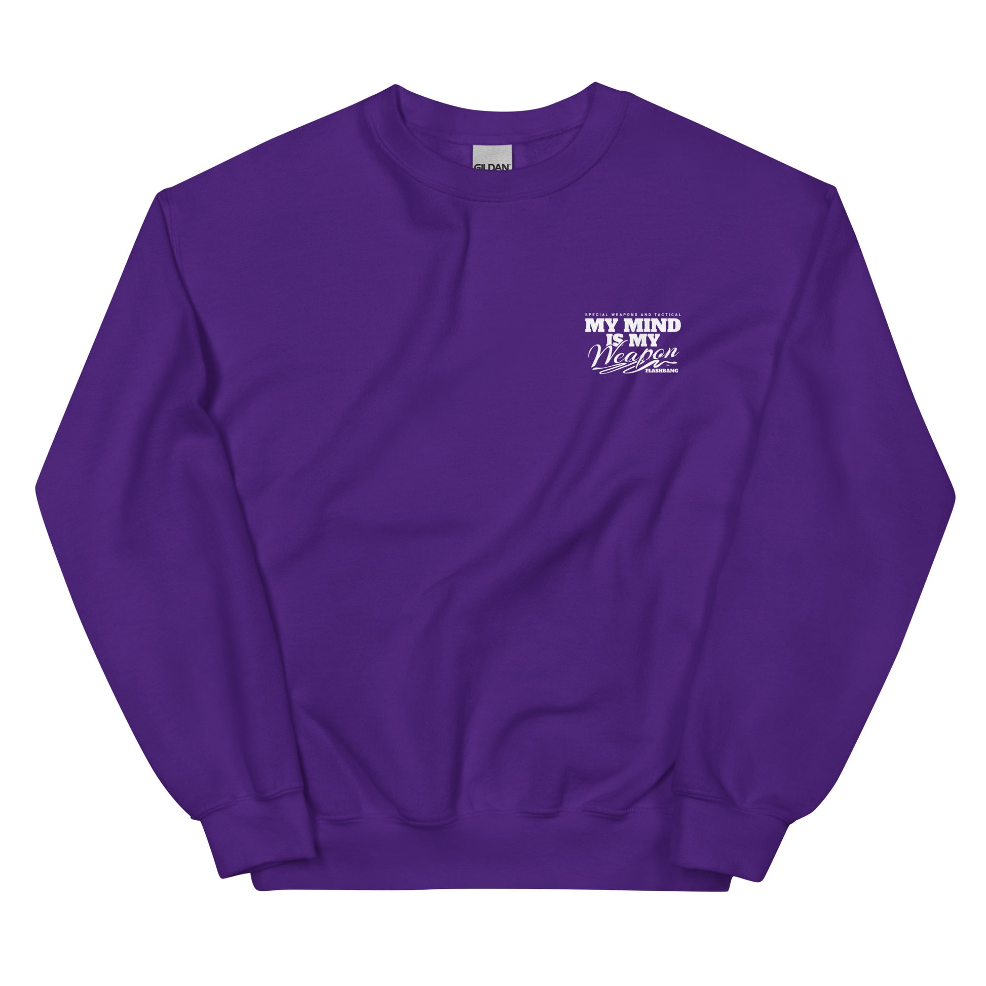 Purple sweatshirt with text on a white background