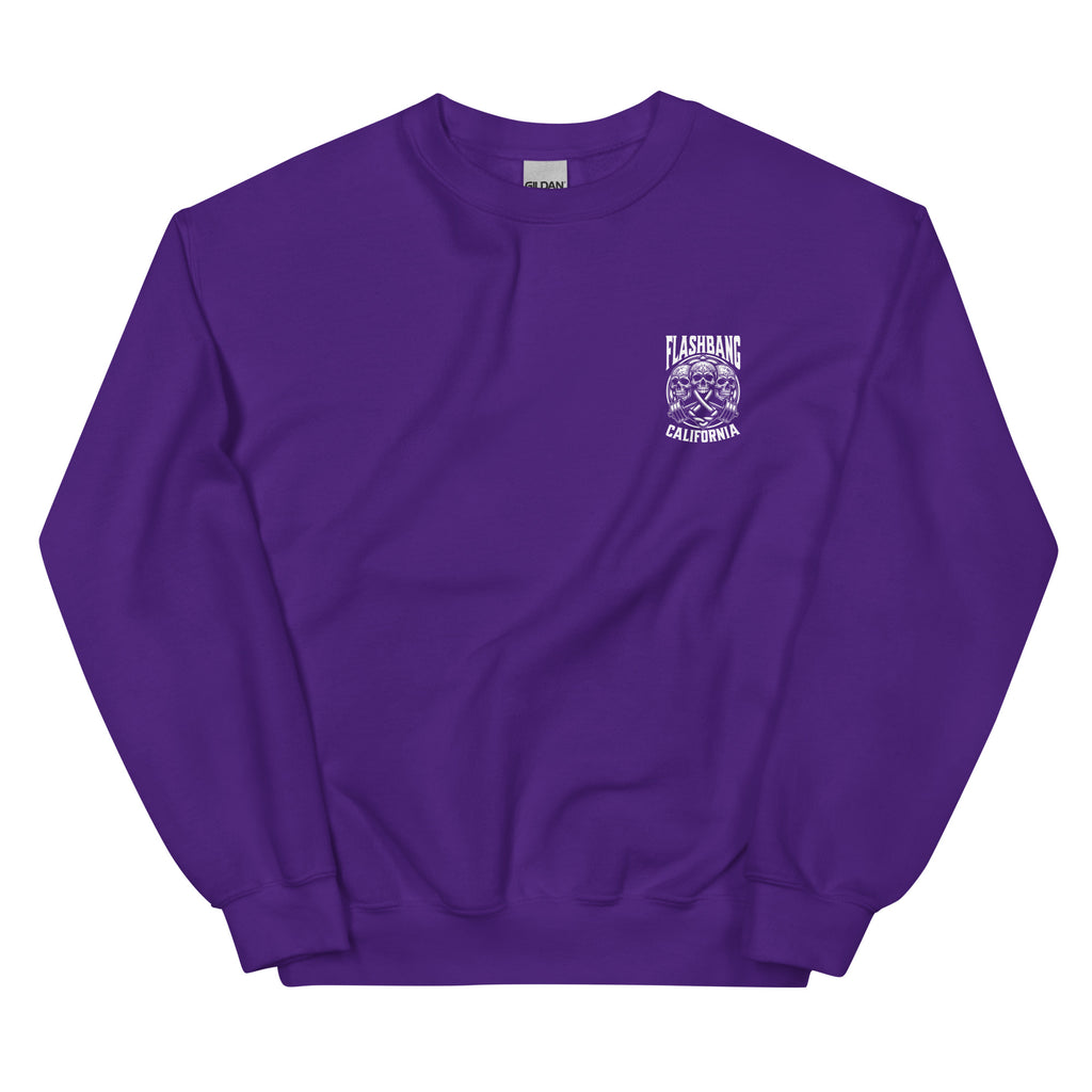 Purple sweatshirt with a logo on the chest against a white background