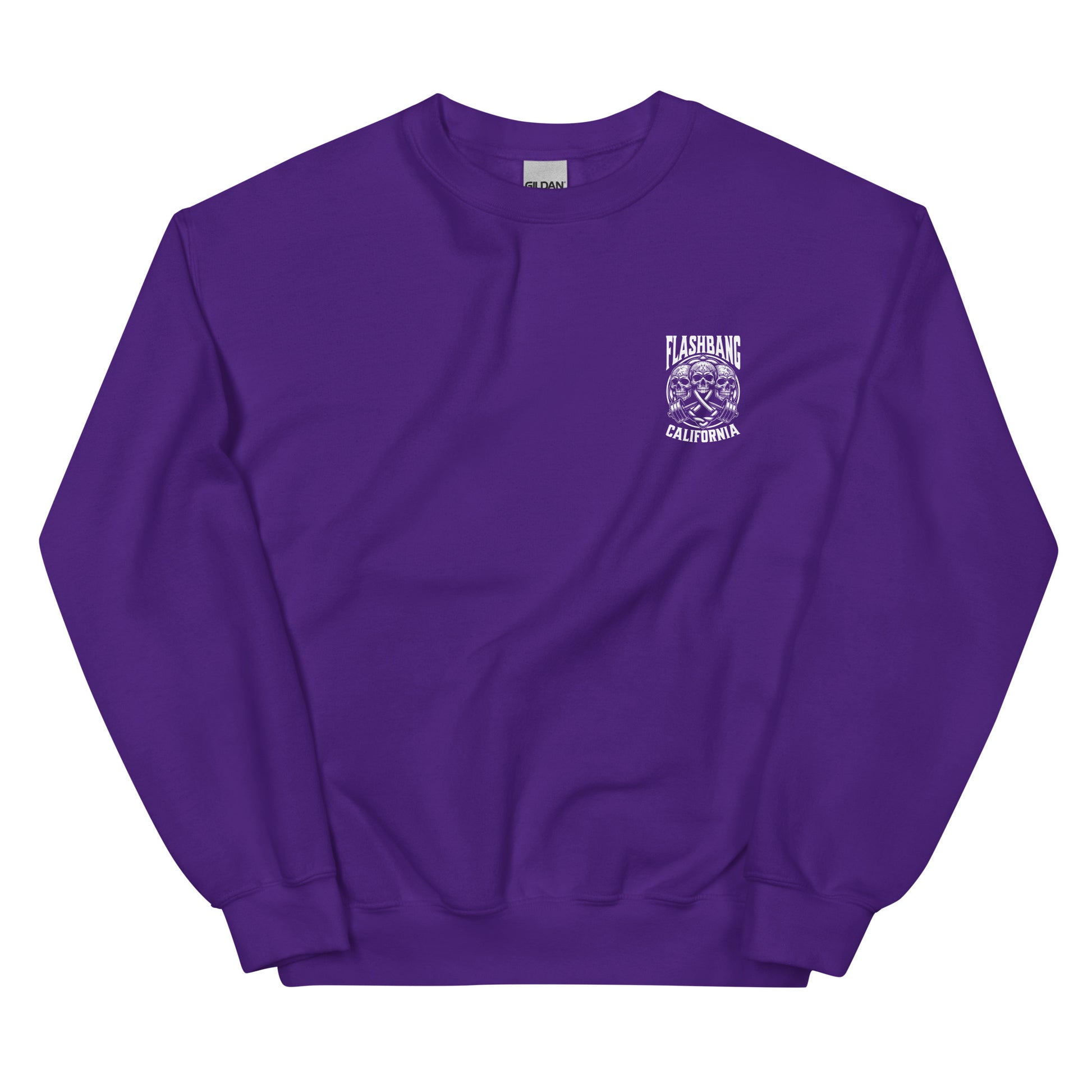 Purple sweatshirt with a logo on the chest against a white background