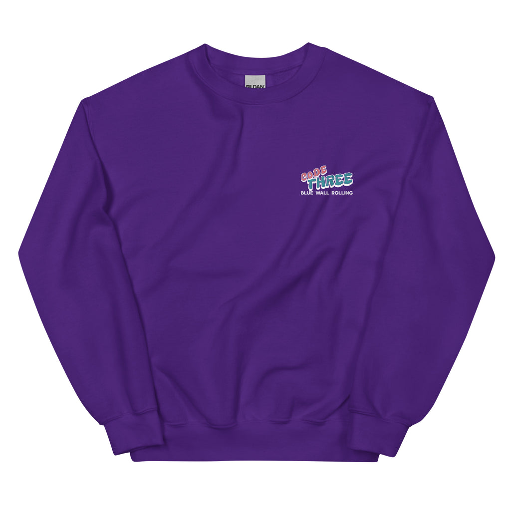 Purple sweatshirt with a logo on the chest against a white background