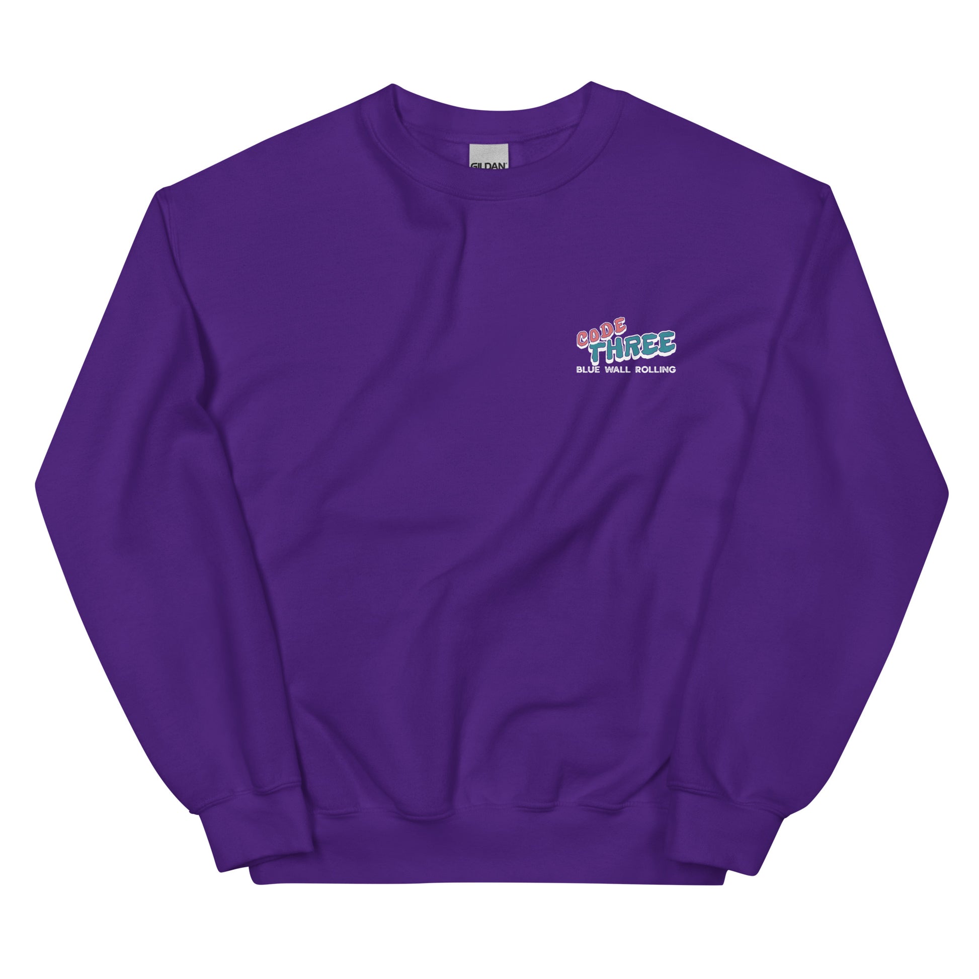 Purple sweatshirt with a logo on the chest against a white background