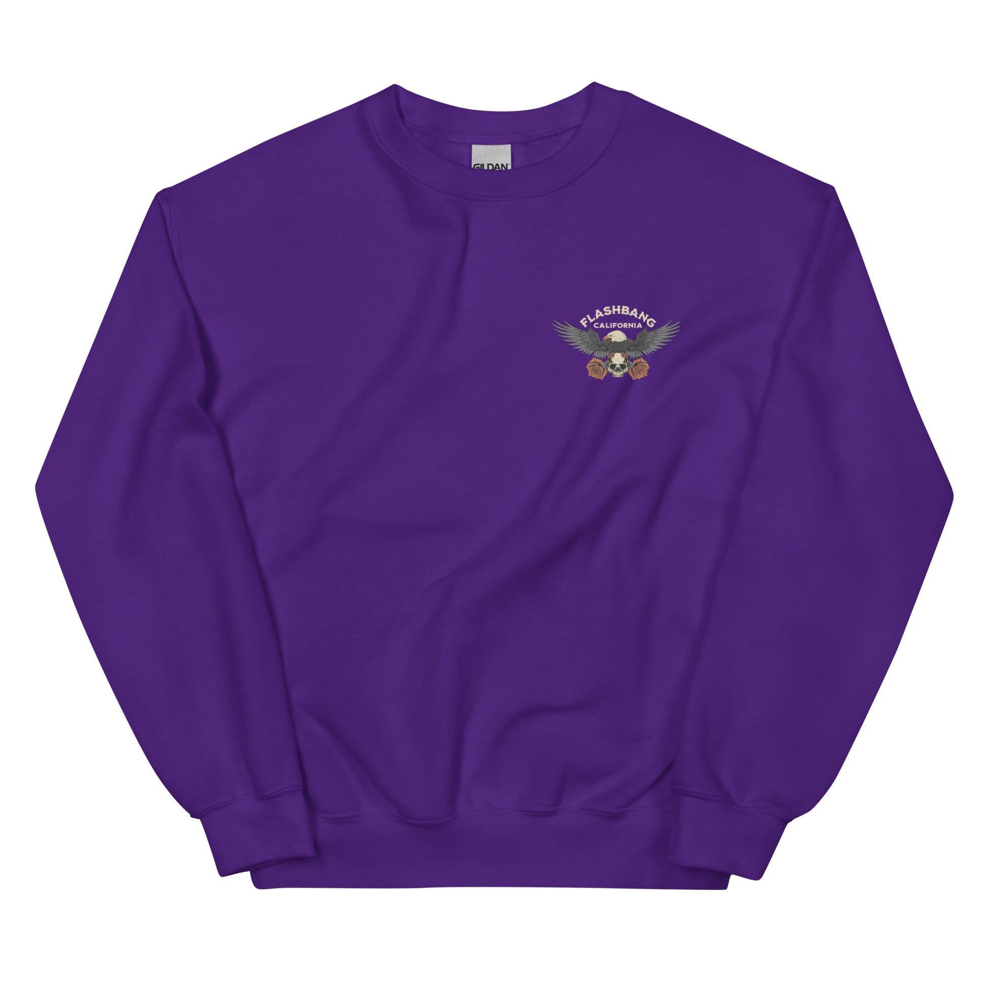 Purple sweatshirt with a logo on the chest against a white background
