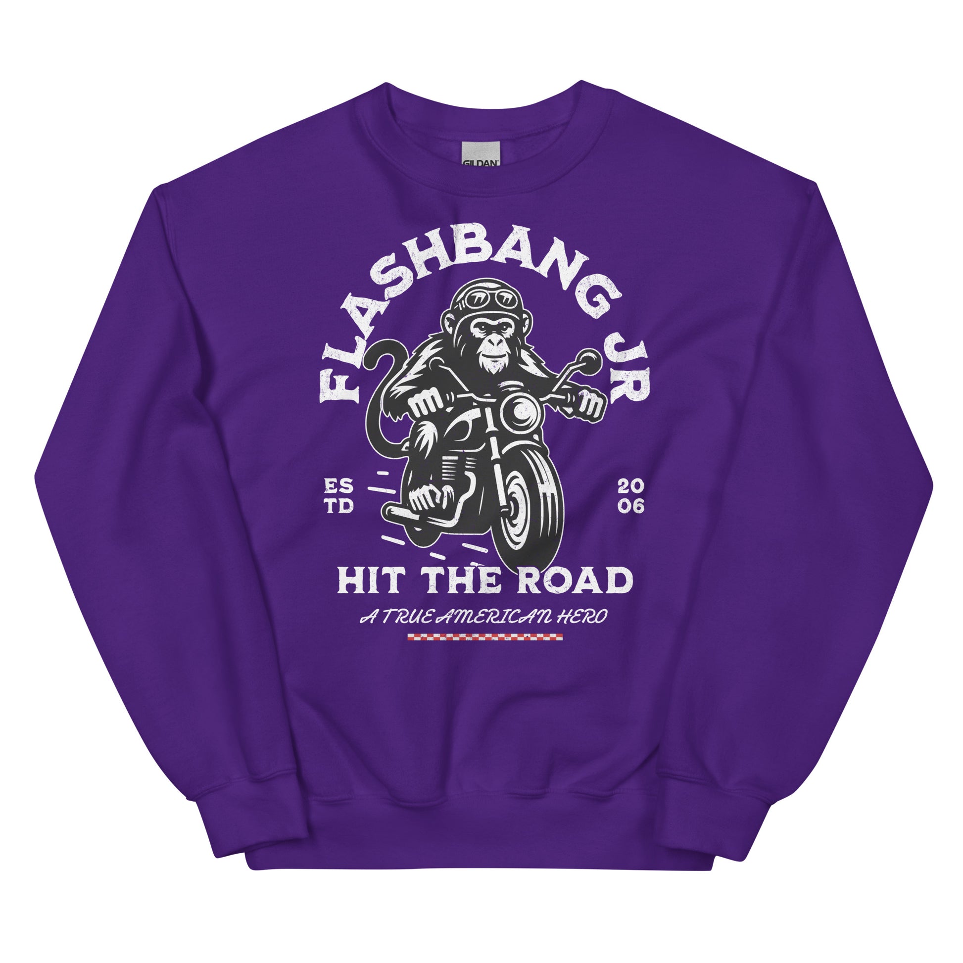 Purple sweatshirt with a graphic design of a monkey on a motorcycle and text on a white background