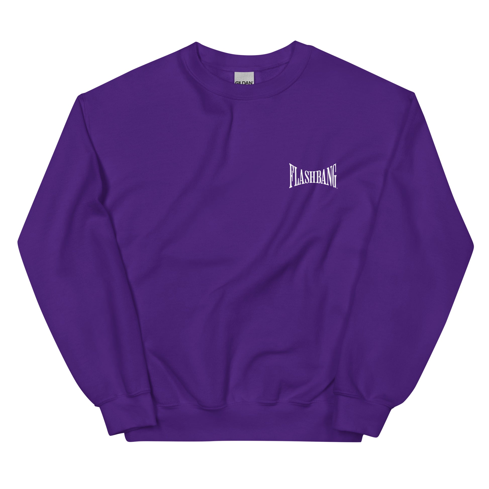 Purple sweatshirt with 'FLASHBANG' logo on a white background