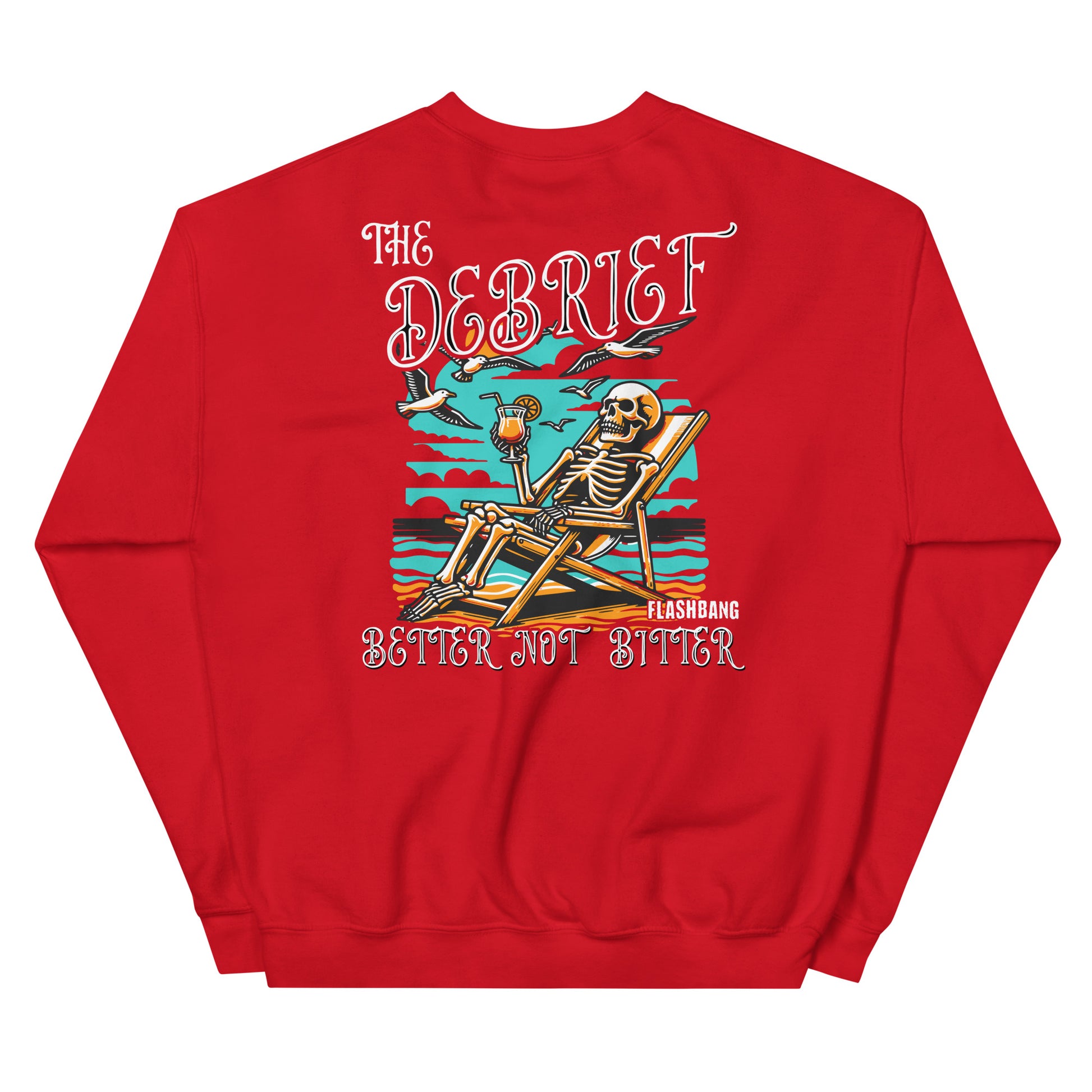 Red sweatshirt with a skeleton design and text on the back, on a white background
