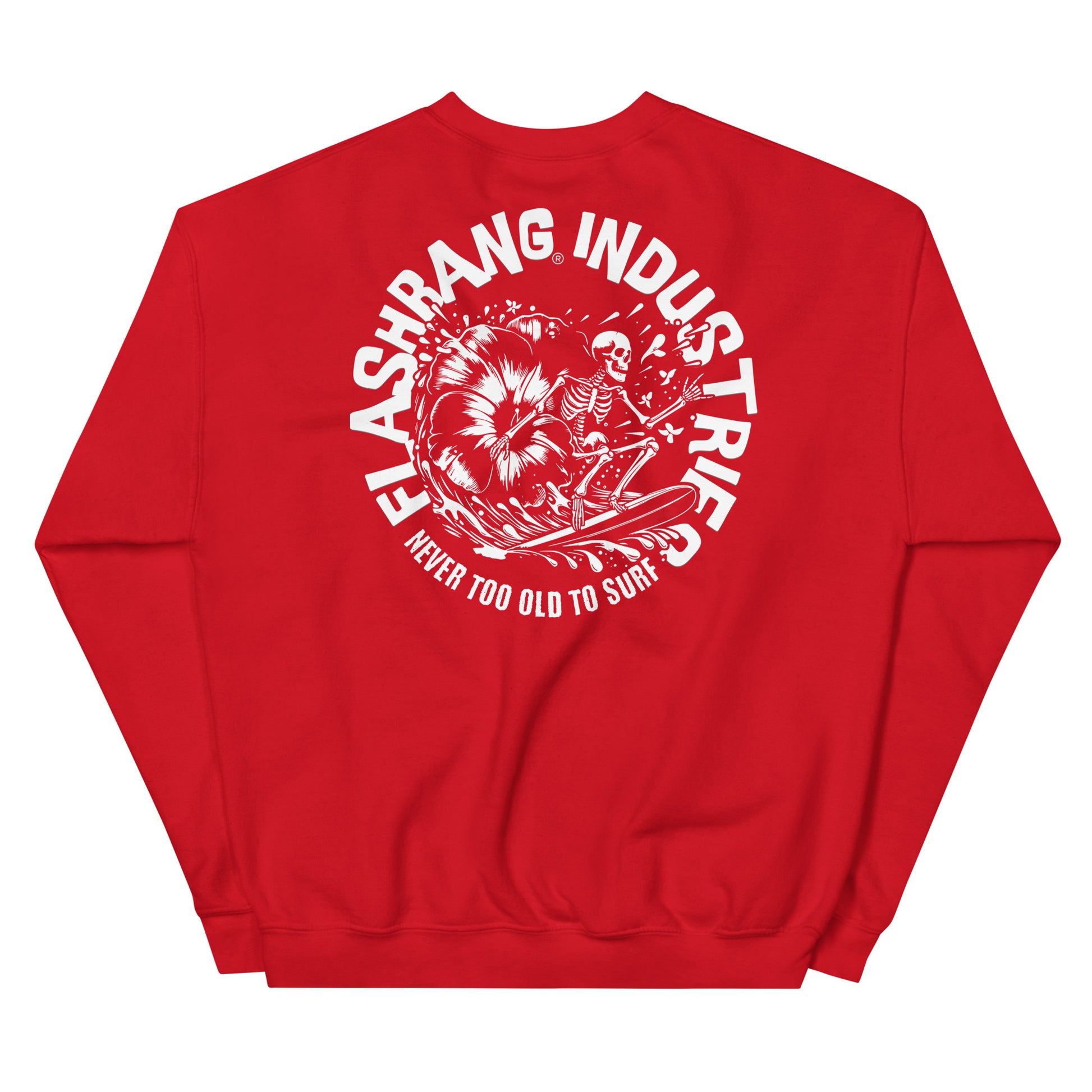 Red sweatshirt with white graphic and text on a white background