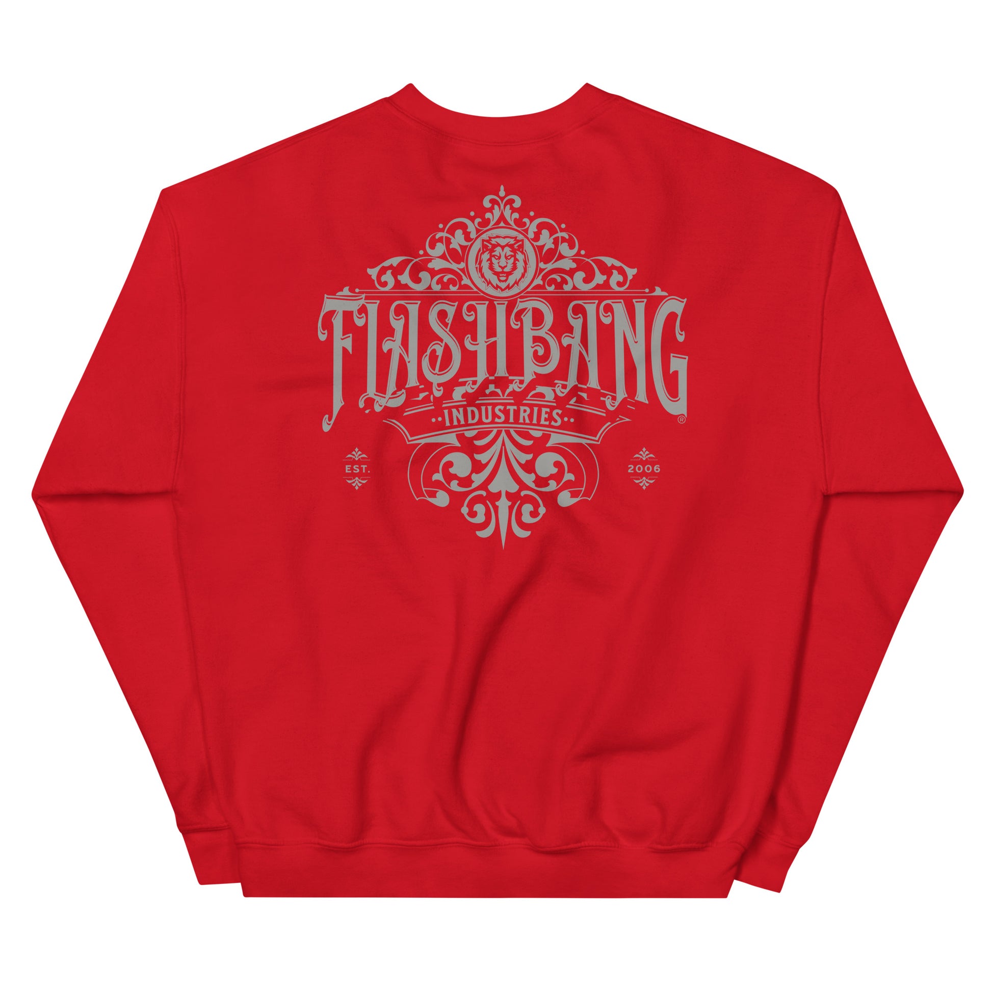 Red sweatshirt with 'Flashbang Industries' text on a white background