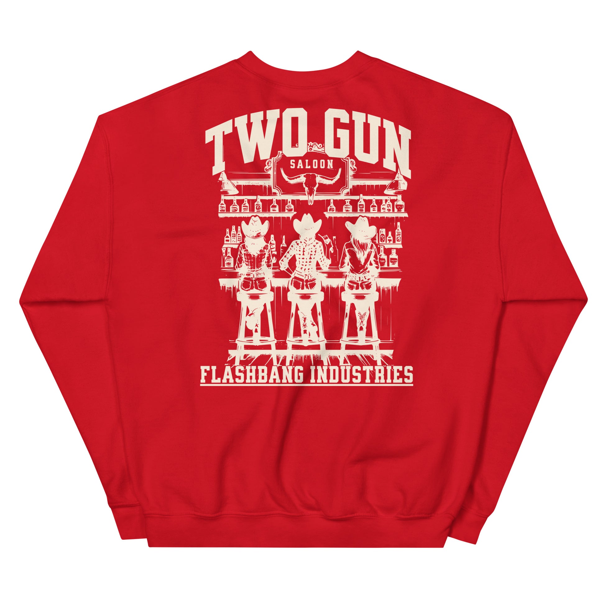 Red sweatshirt with white graphic design on the back on a white background