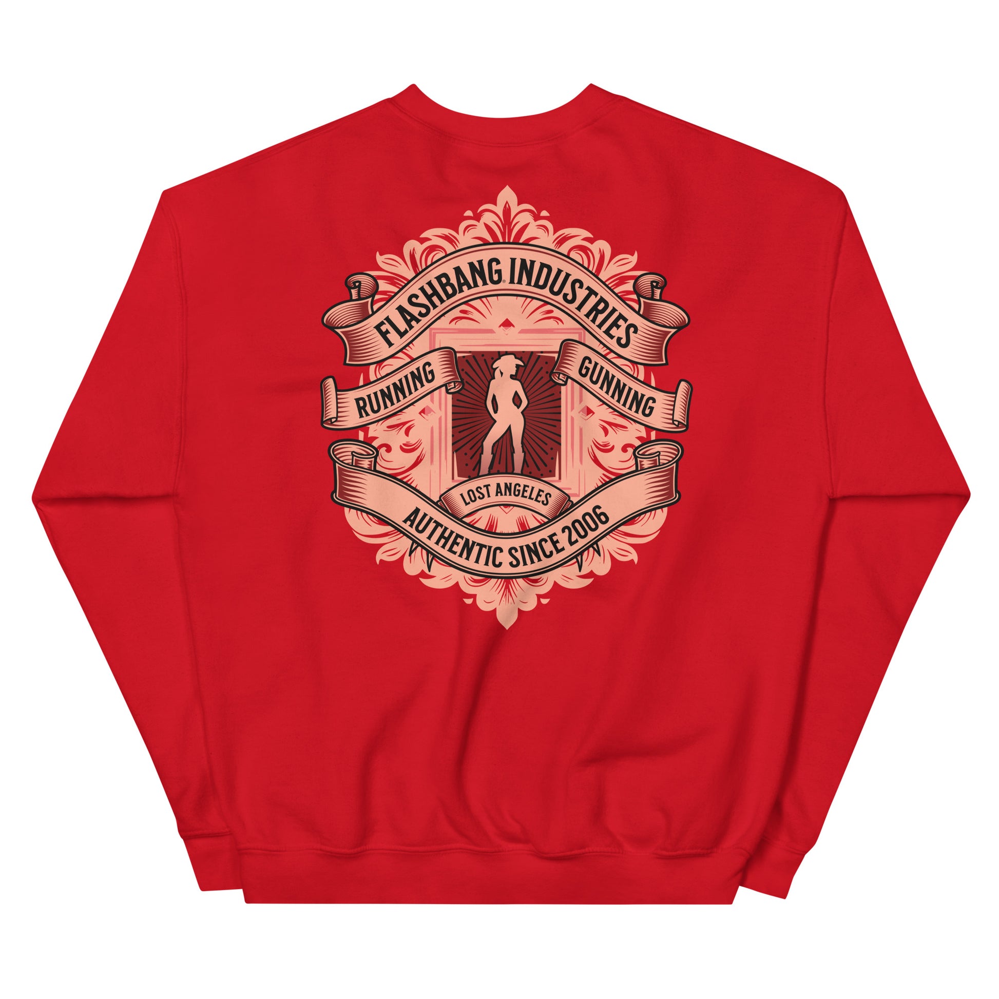 Red sweatshirt with a graphic design on the back on a white background