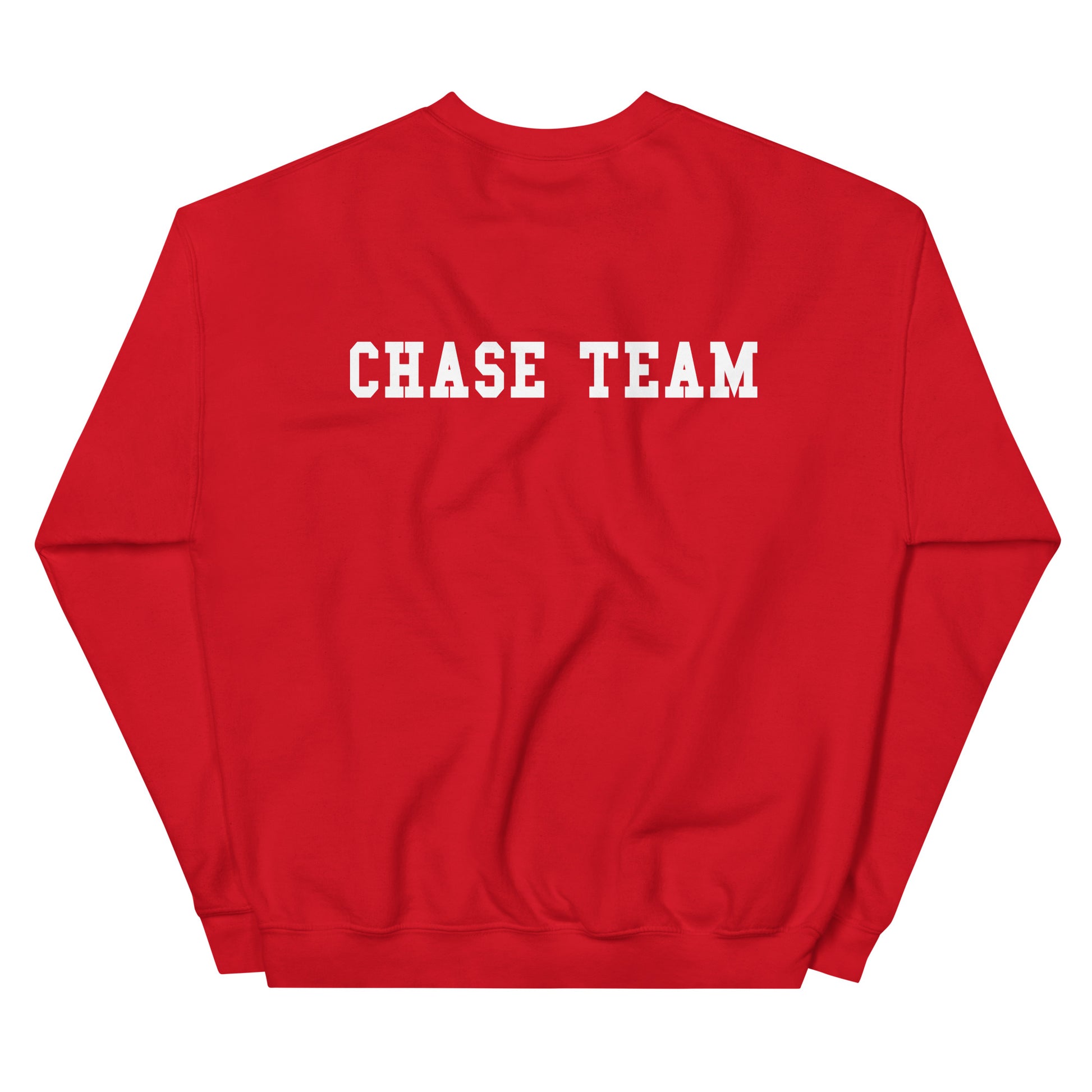 Red sweatshirt with 'CHASE TEAM' text on the back against a white background