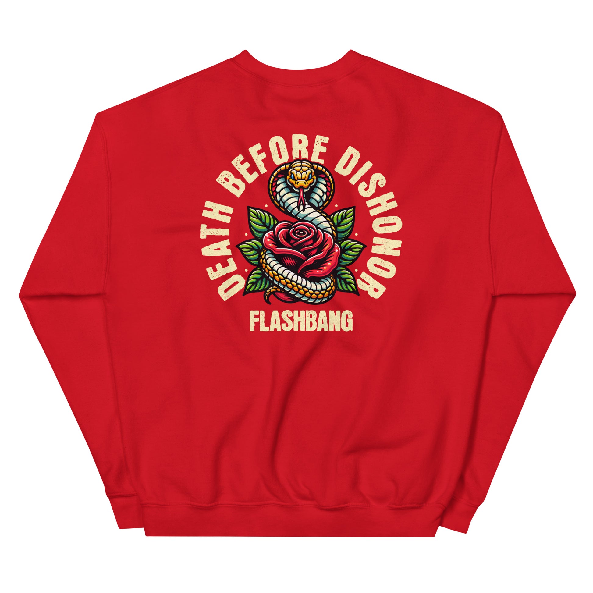 Red sweatshirt with 'Death Before Dishonor Flashbang' design on a white background