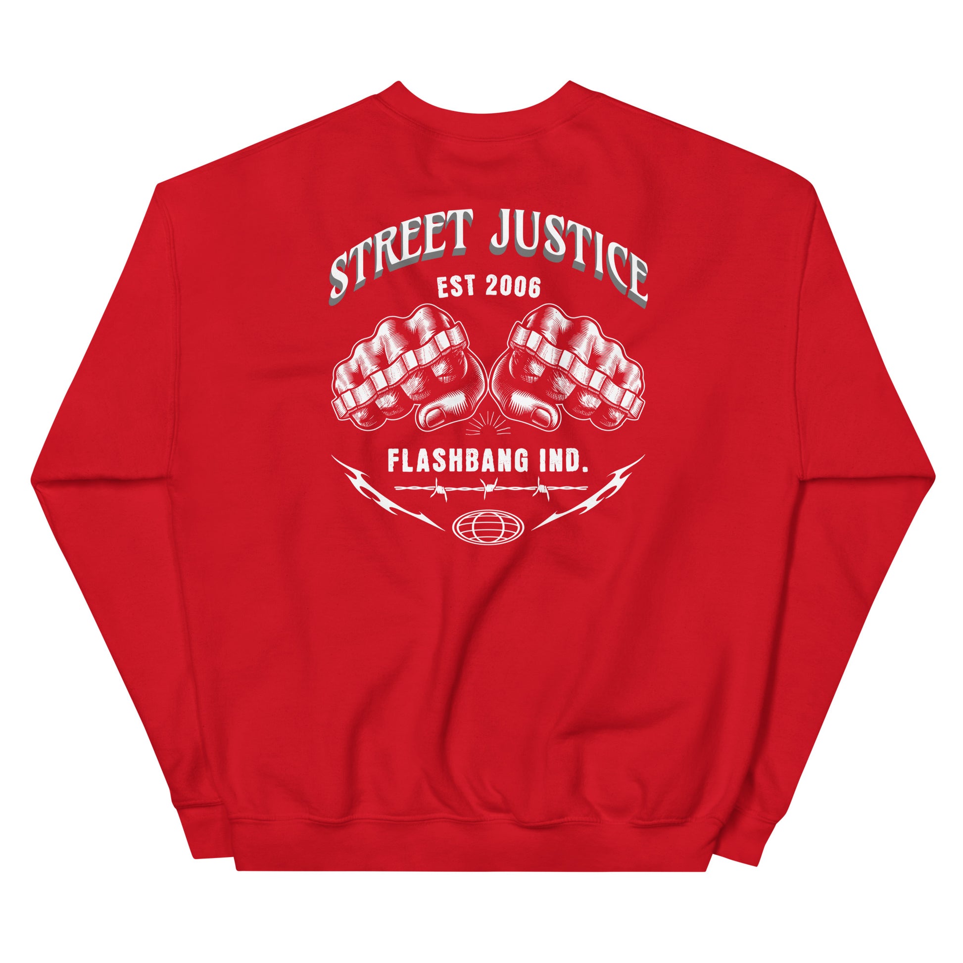 Red sweatshirt with 'Street Justice' and 'Flashbang Ind.' text on the back against a white background