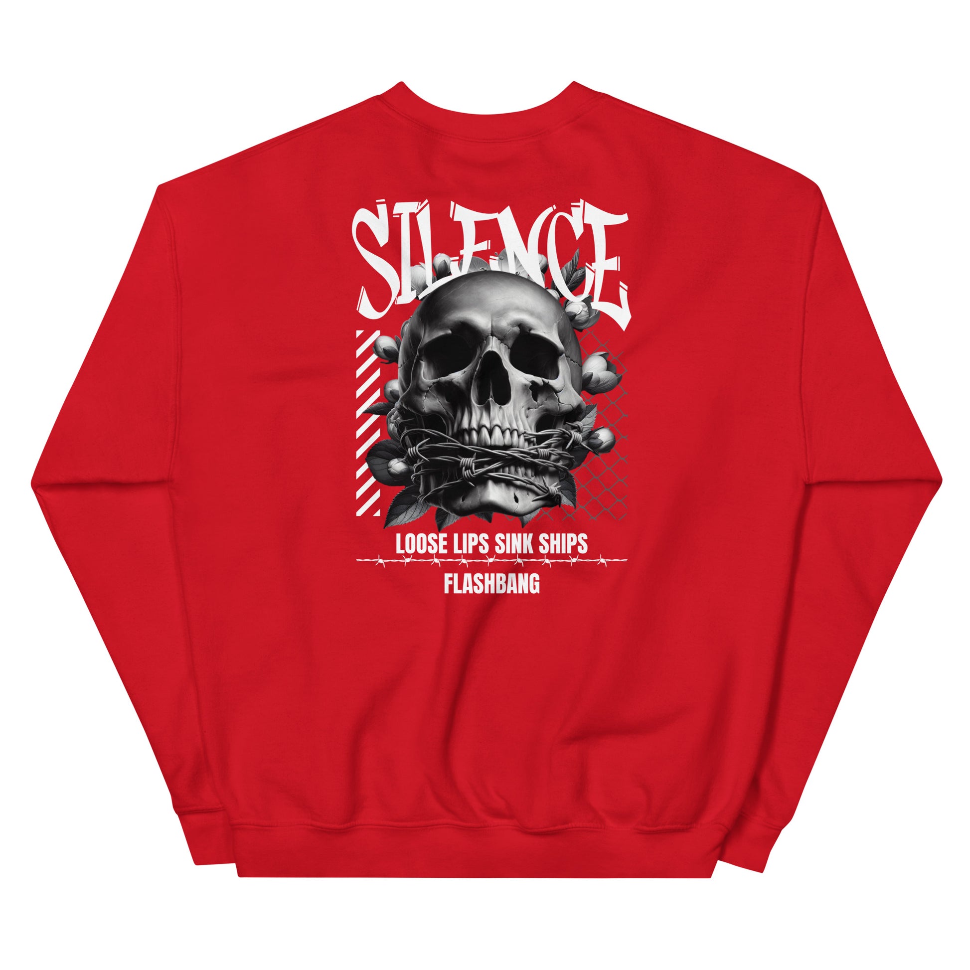 Red sweatshirt with a skull graphic and text on the back, on a white background