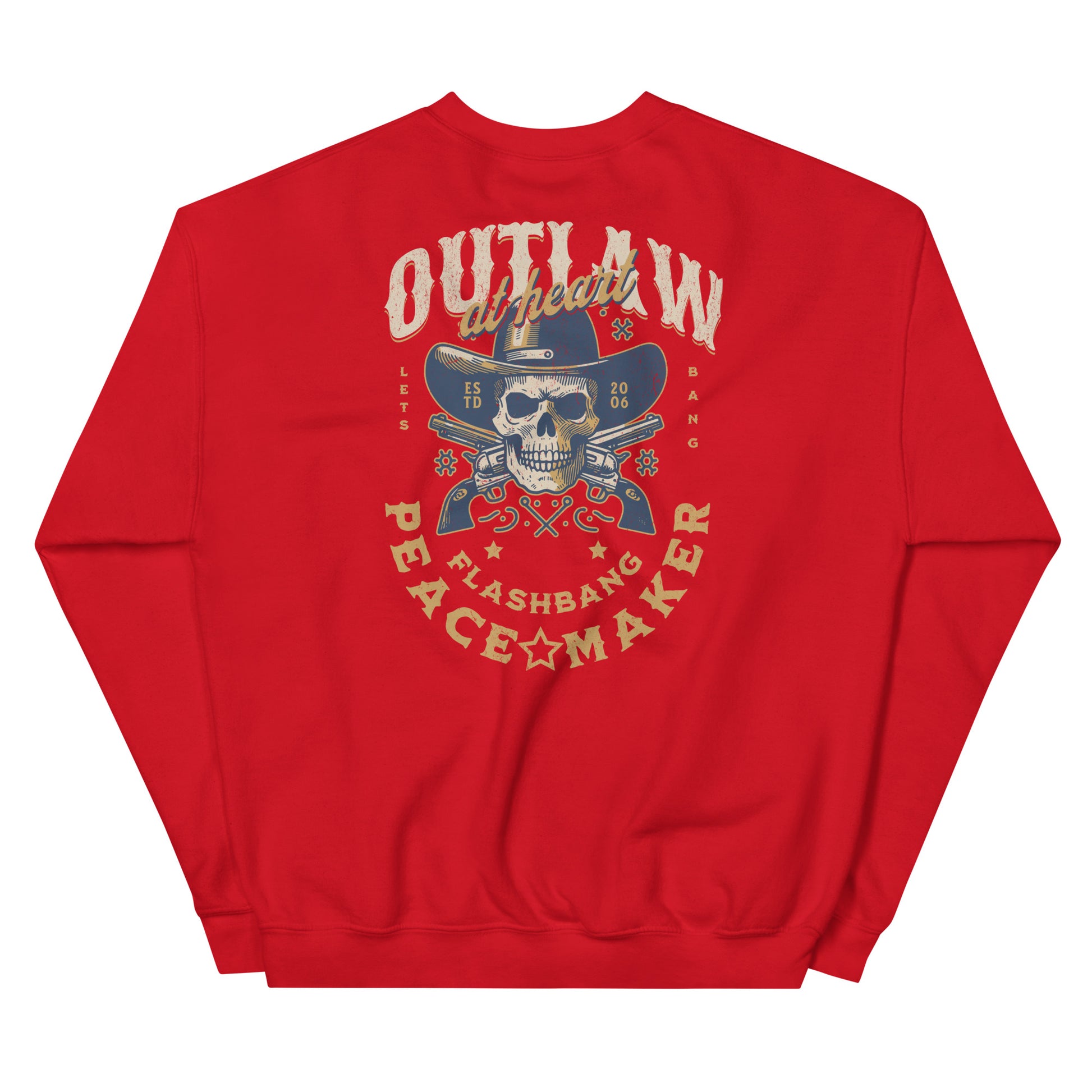 Red sweatshirt with a graphic design on the back featuring text and a skull wearing a cowboy hat.