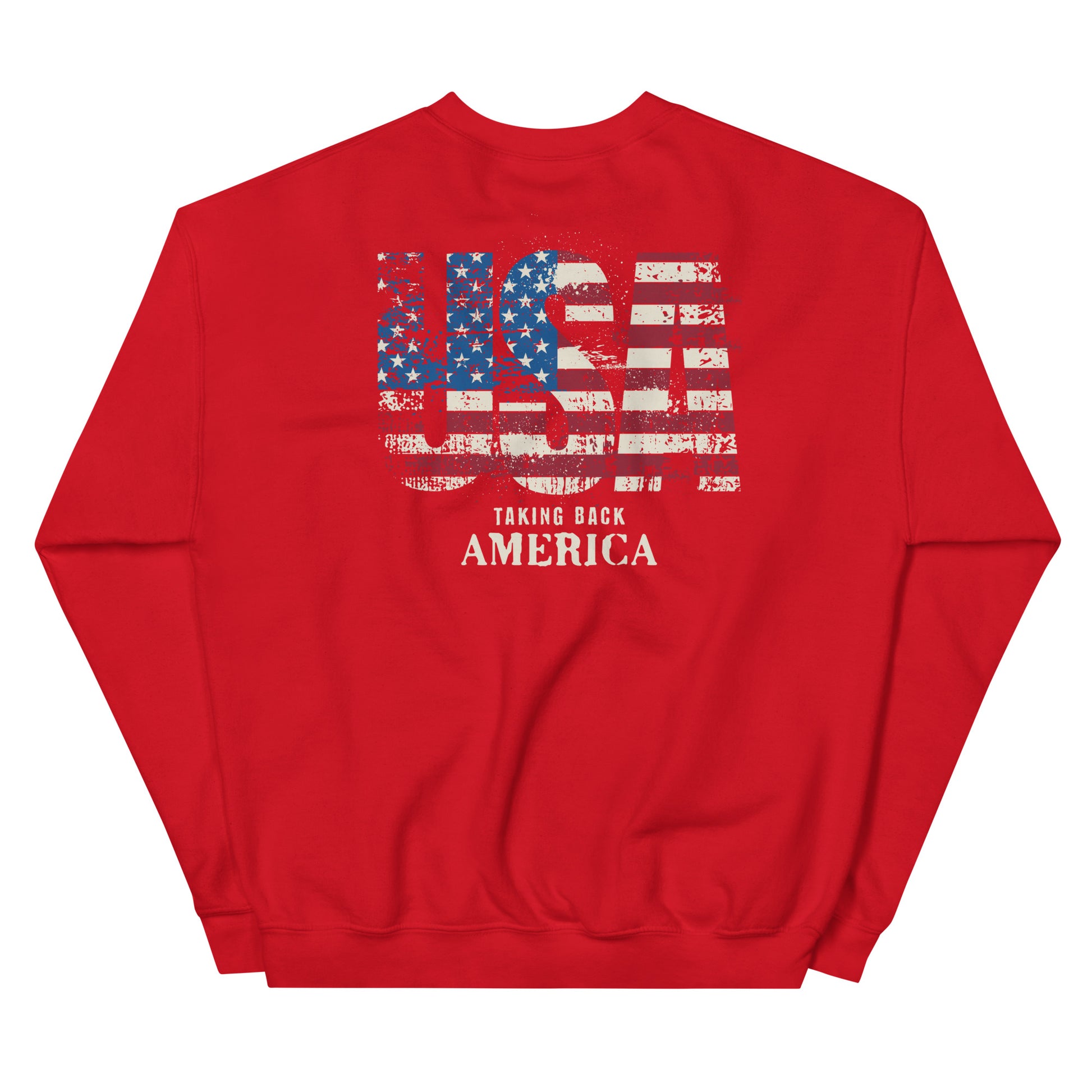 Red sweatshirt with American flag design and text on a white background
