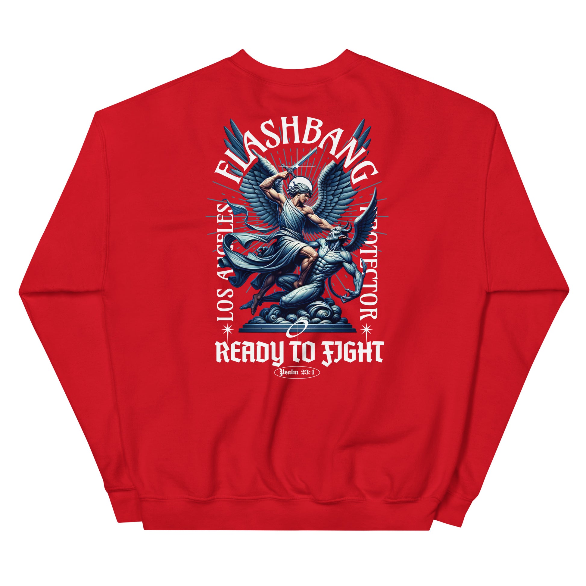 Red sweatshirt with graphic design on the back featuring text and an angelic figure.