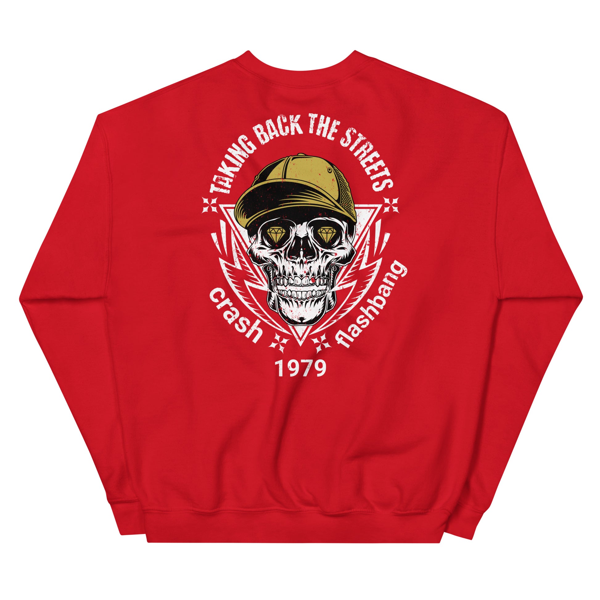 Red sweatshirt with a skull graphic and text on the back, on a white background