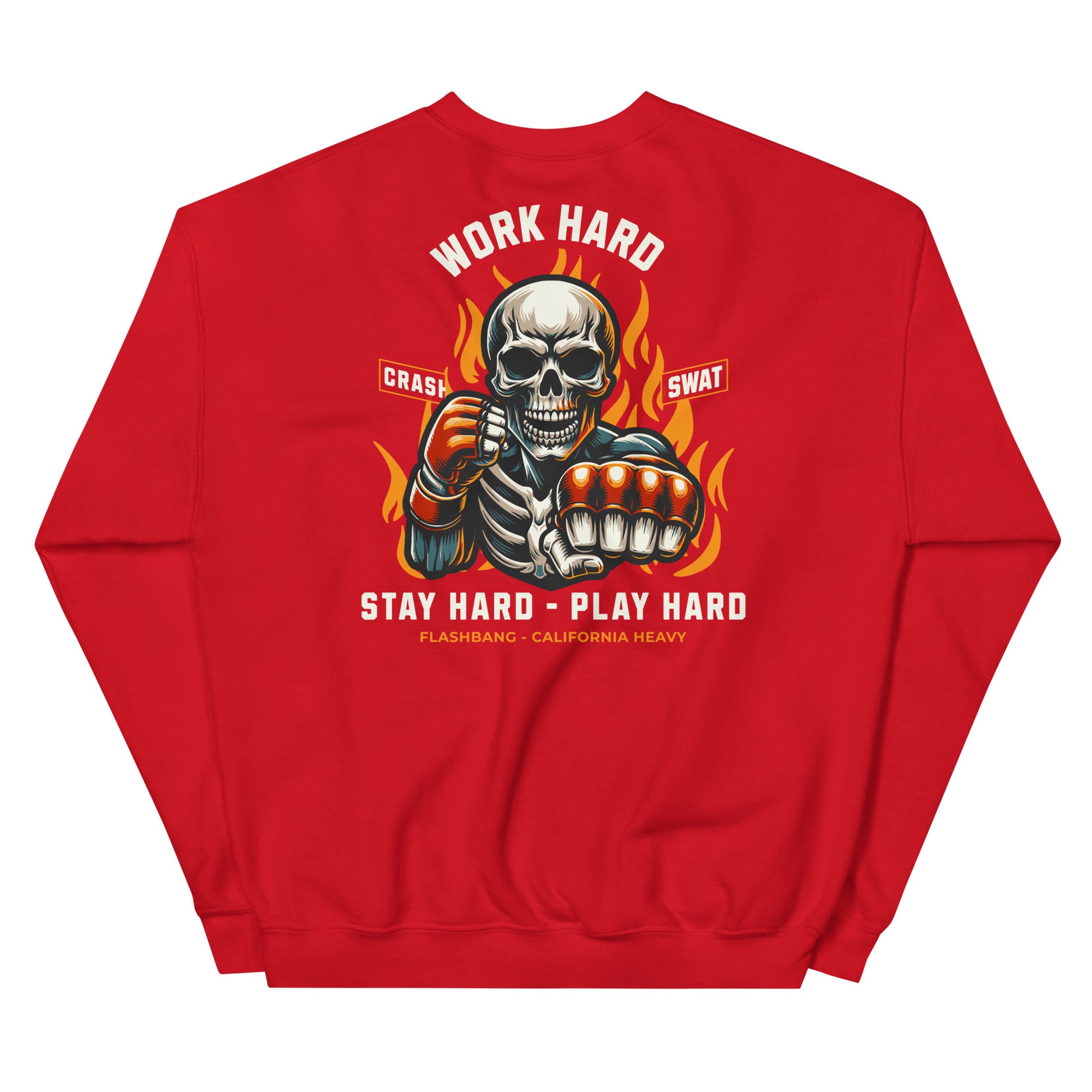 Red sweatshirt with a skeleton design and text on the back, on a white background