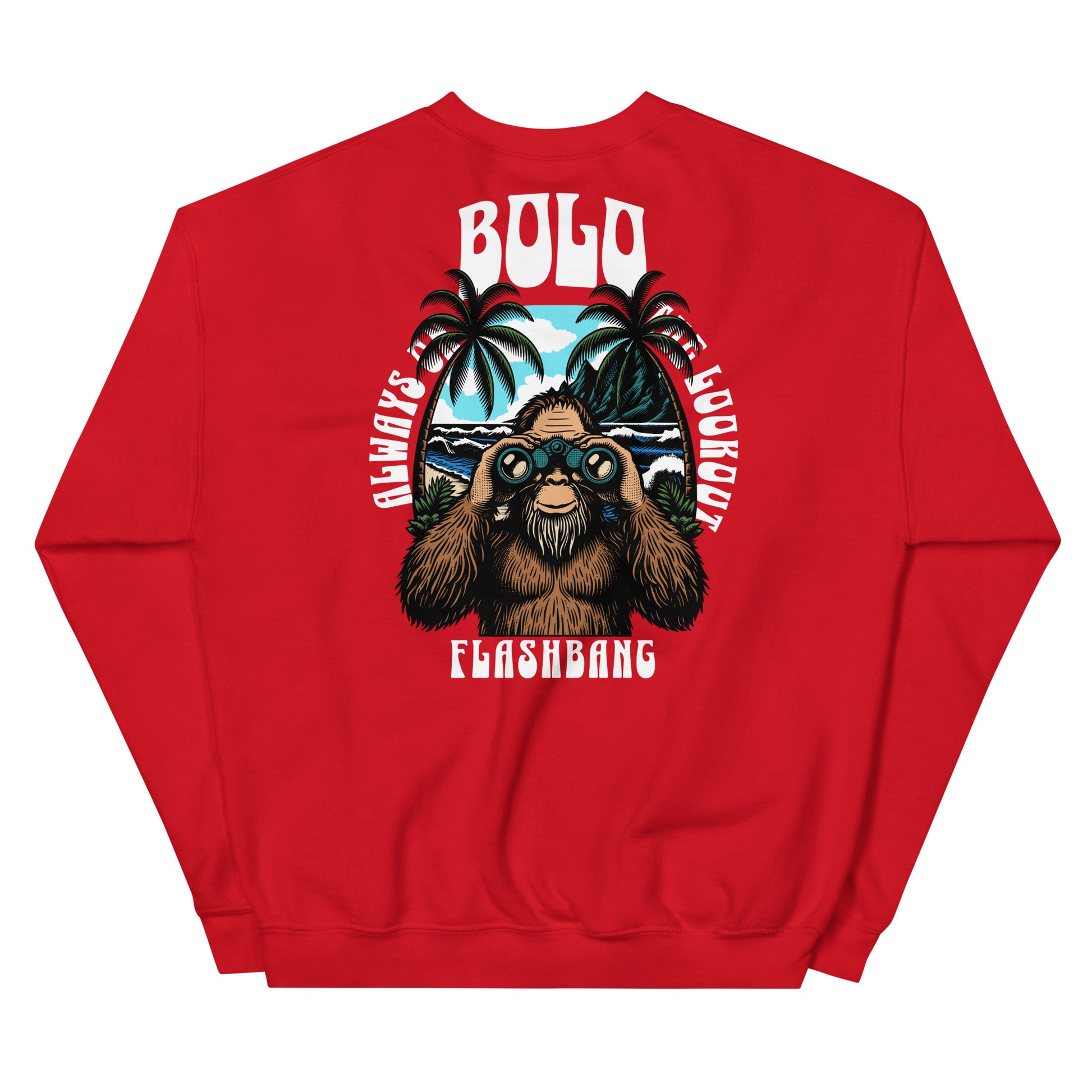 Red sweatshirt with a graphic design of a bear and text on the back, on a white background.