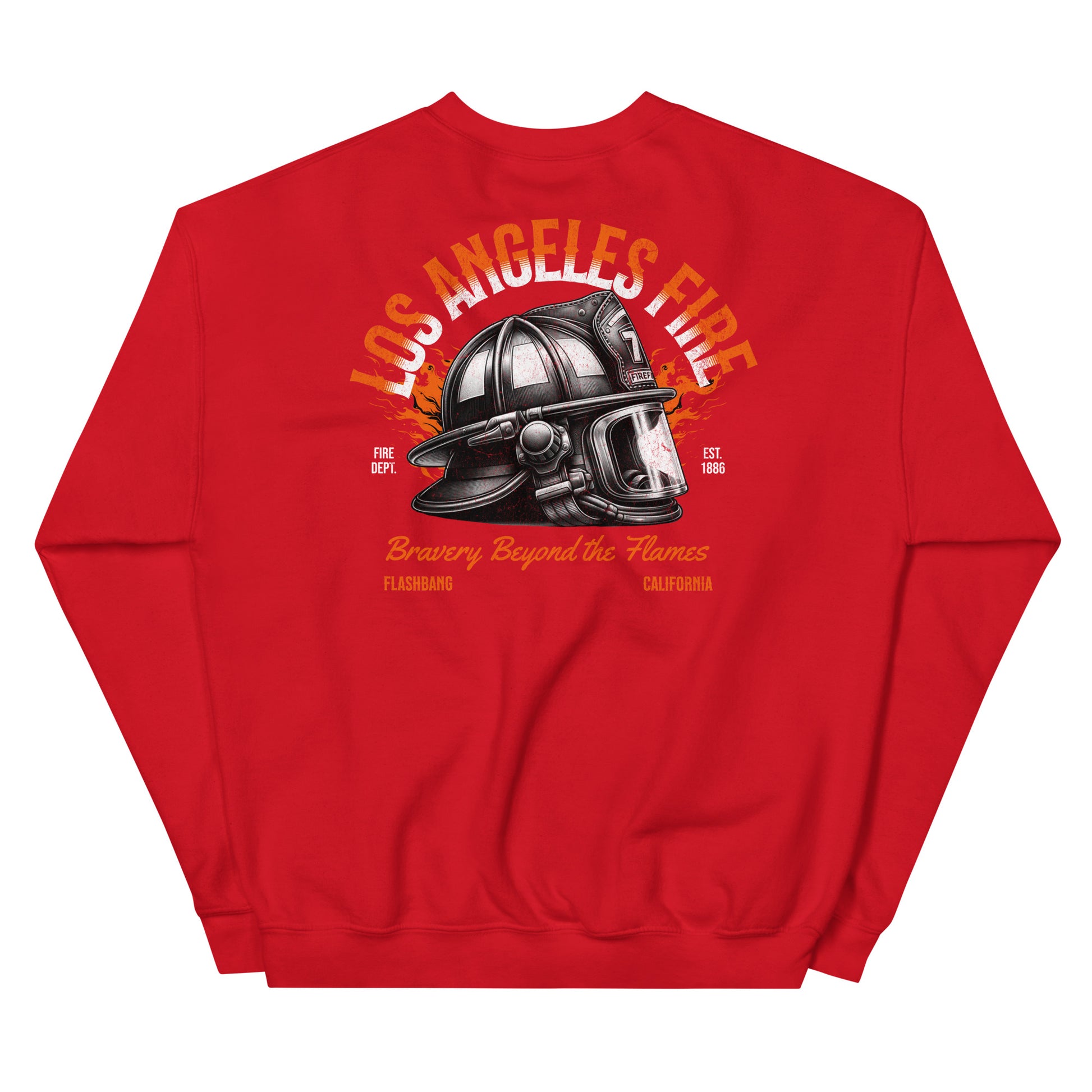 Red sweatshirt with a fire helmet graphic and text on the back, on a white background