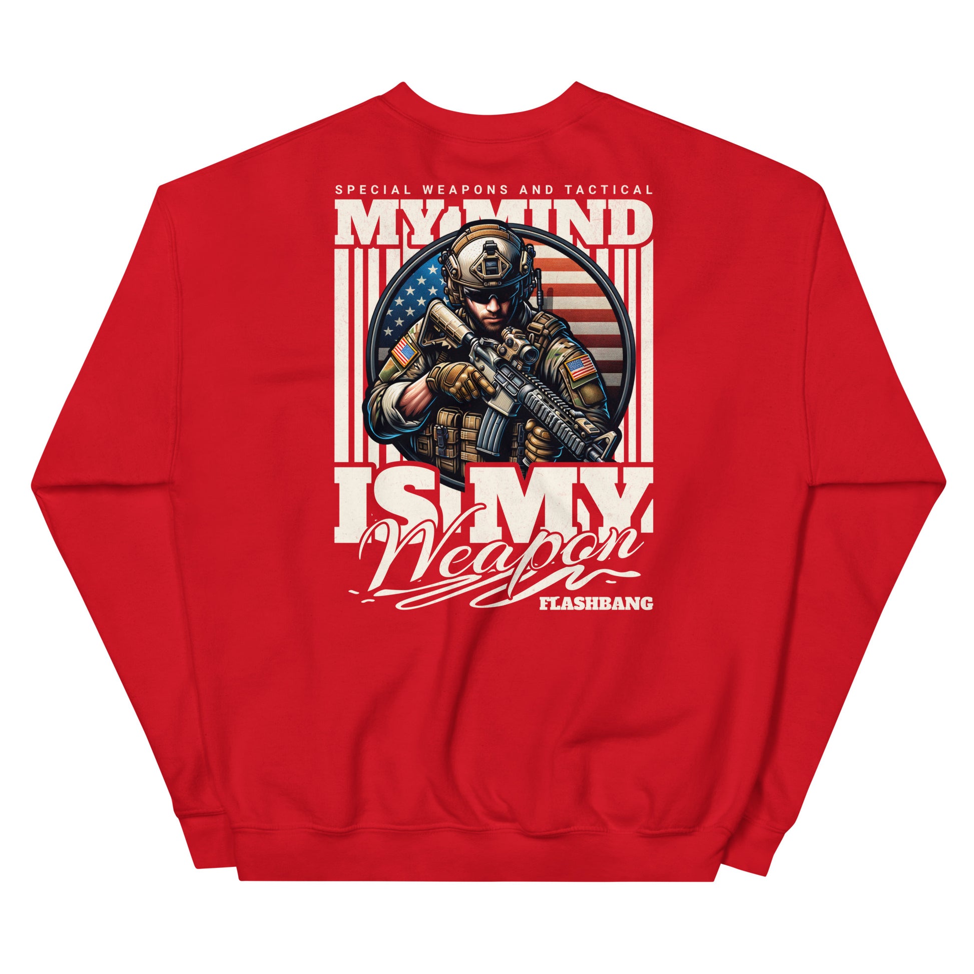 Red sweatshirt with graphic design of a soldier and text on a white background