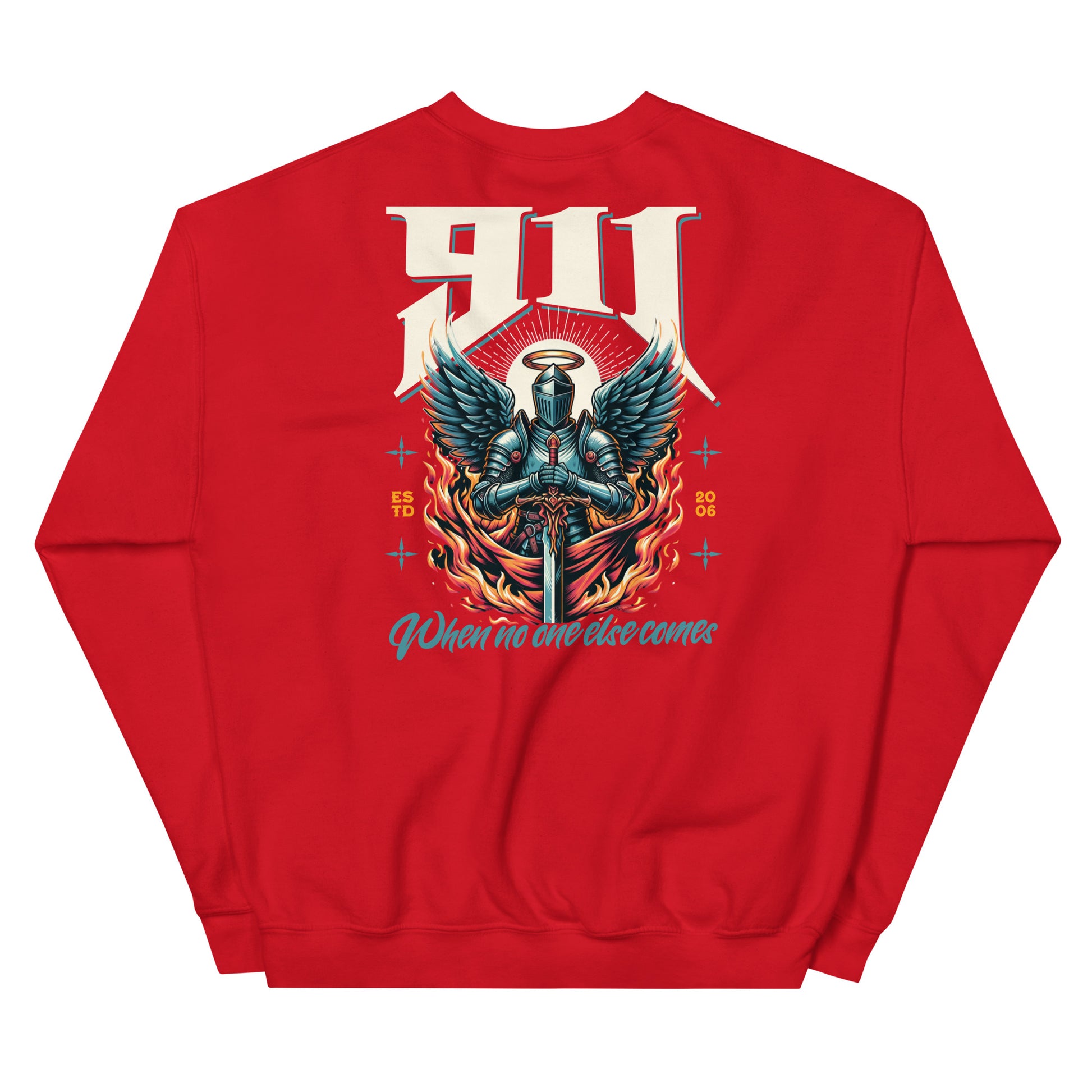 Red sweatshirt with a graphic design of a knight with wings and text on the back, on a white background.