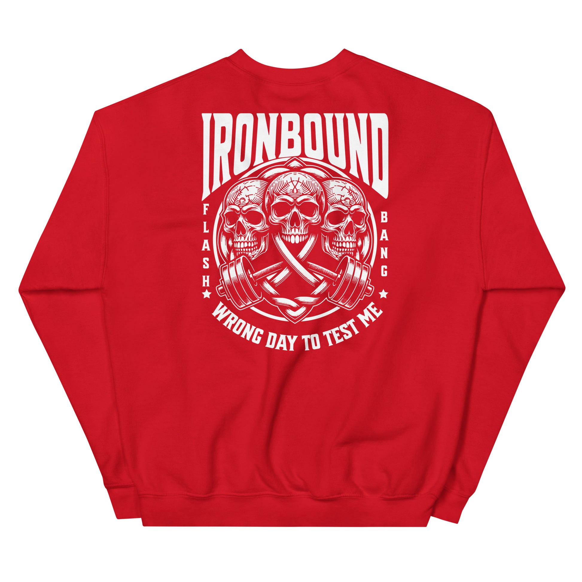 Red sweatshirt with white graphic design and text on a white background