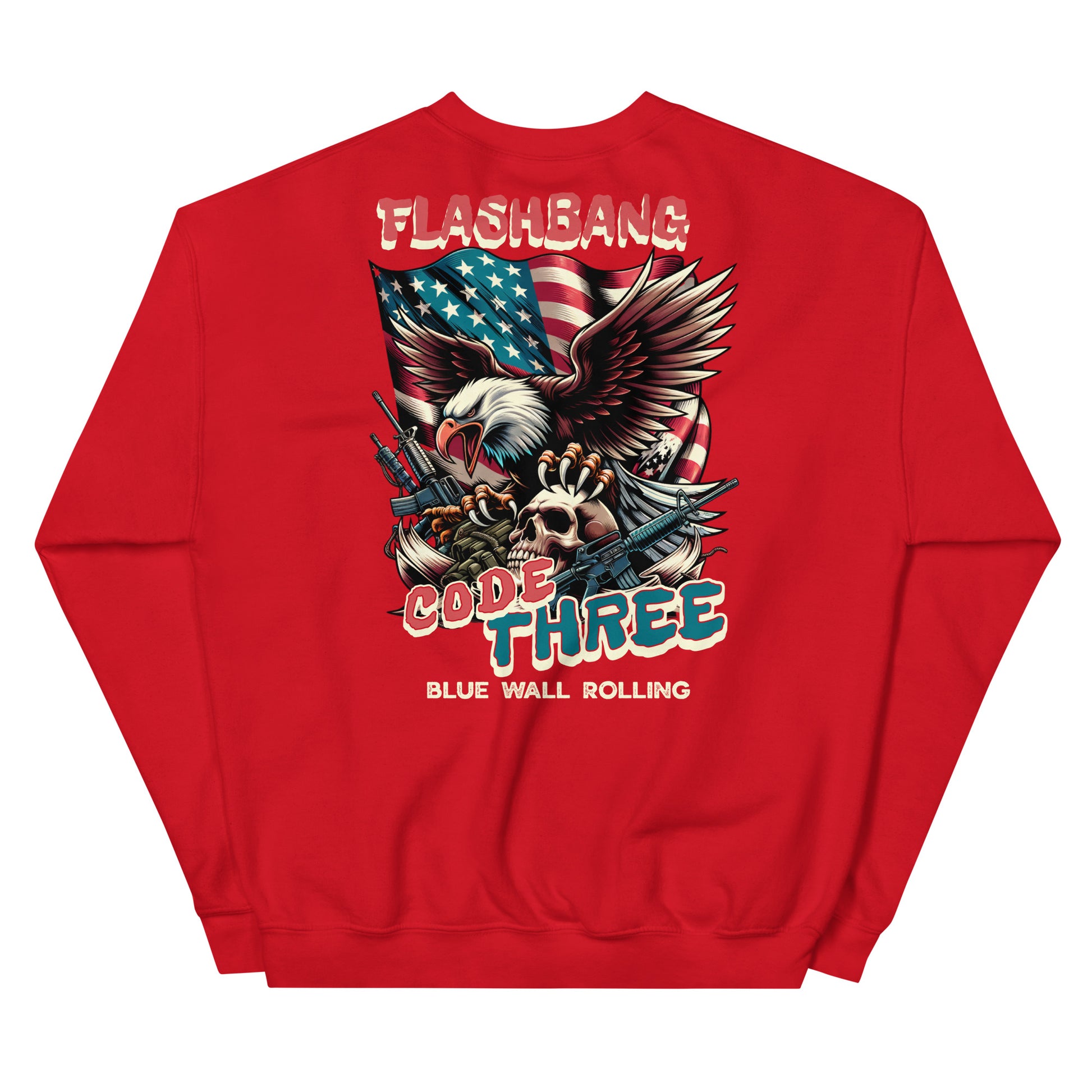 Red sweatshirt with an eagle, American flag, and text design on a white background