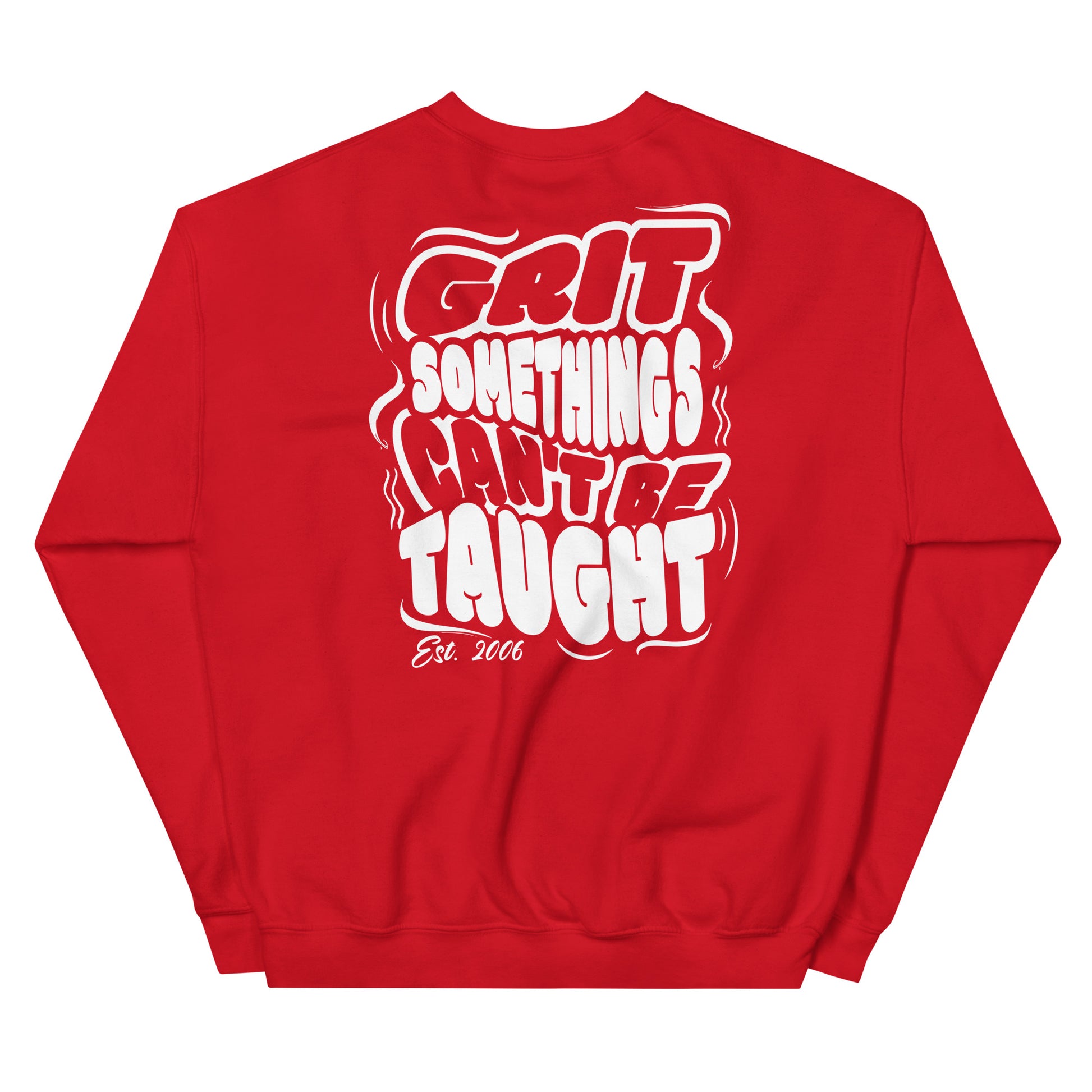 Red sweatshirt with white text on a white background