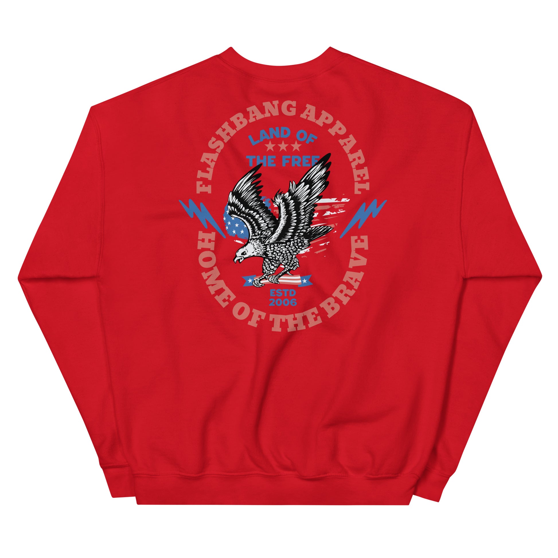 Red sweatshirt with an eagle design and text on a white background
