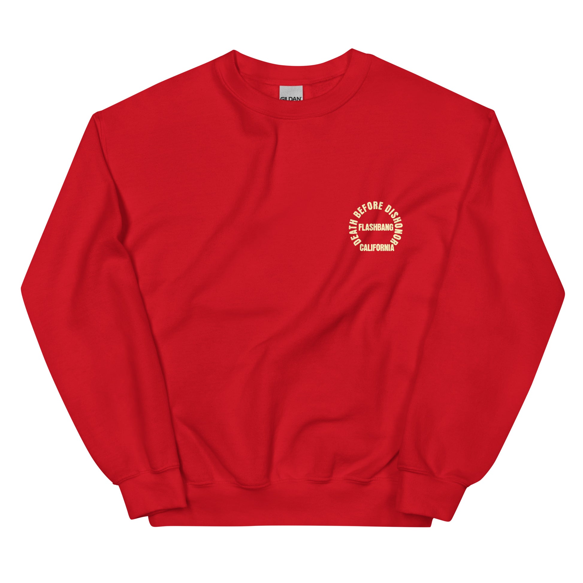 Red sweatshirt with a white logo on a white background