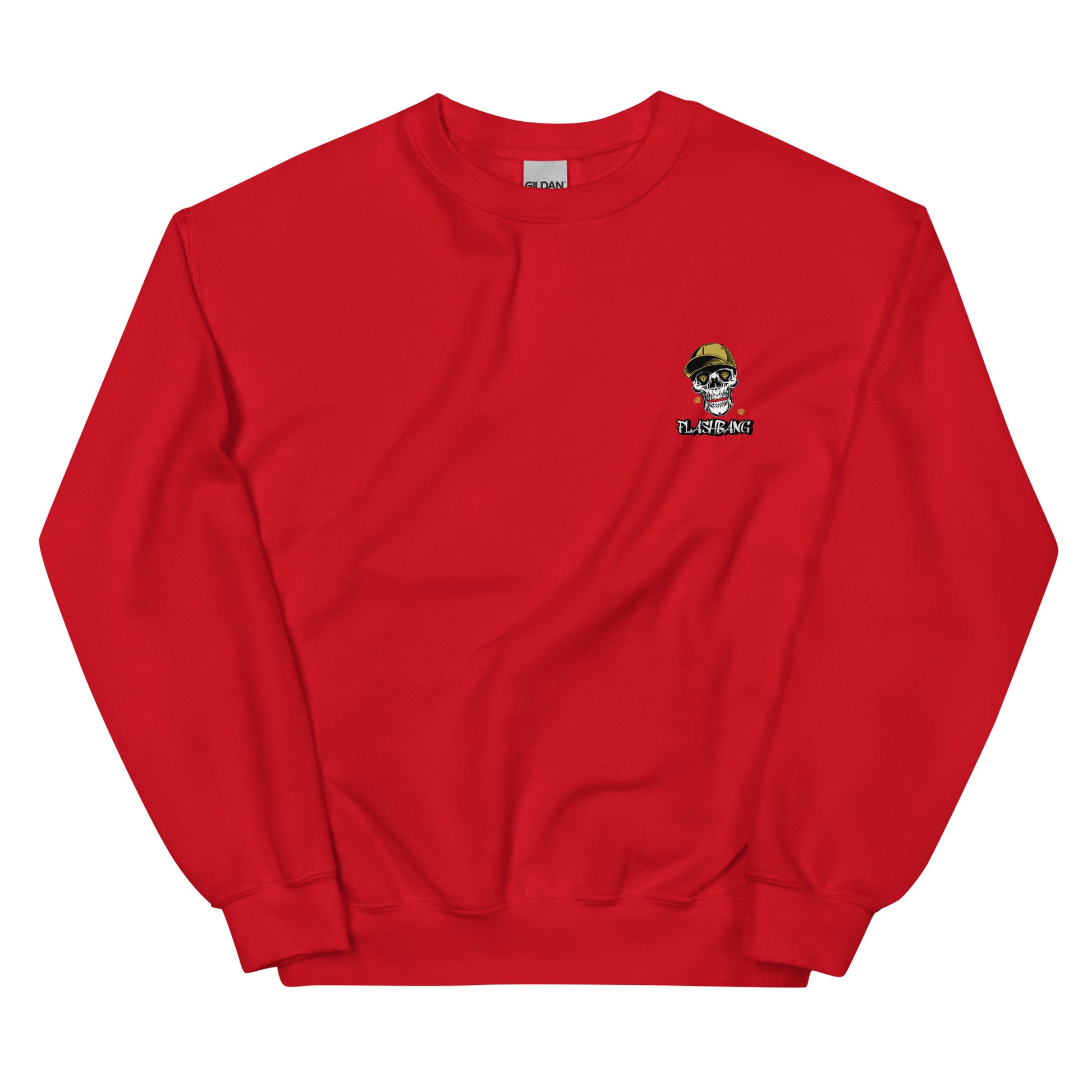 Red sweatshirt with a small graphic on the chest against a white background