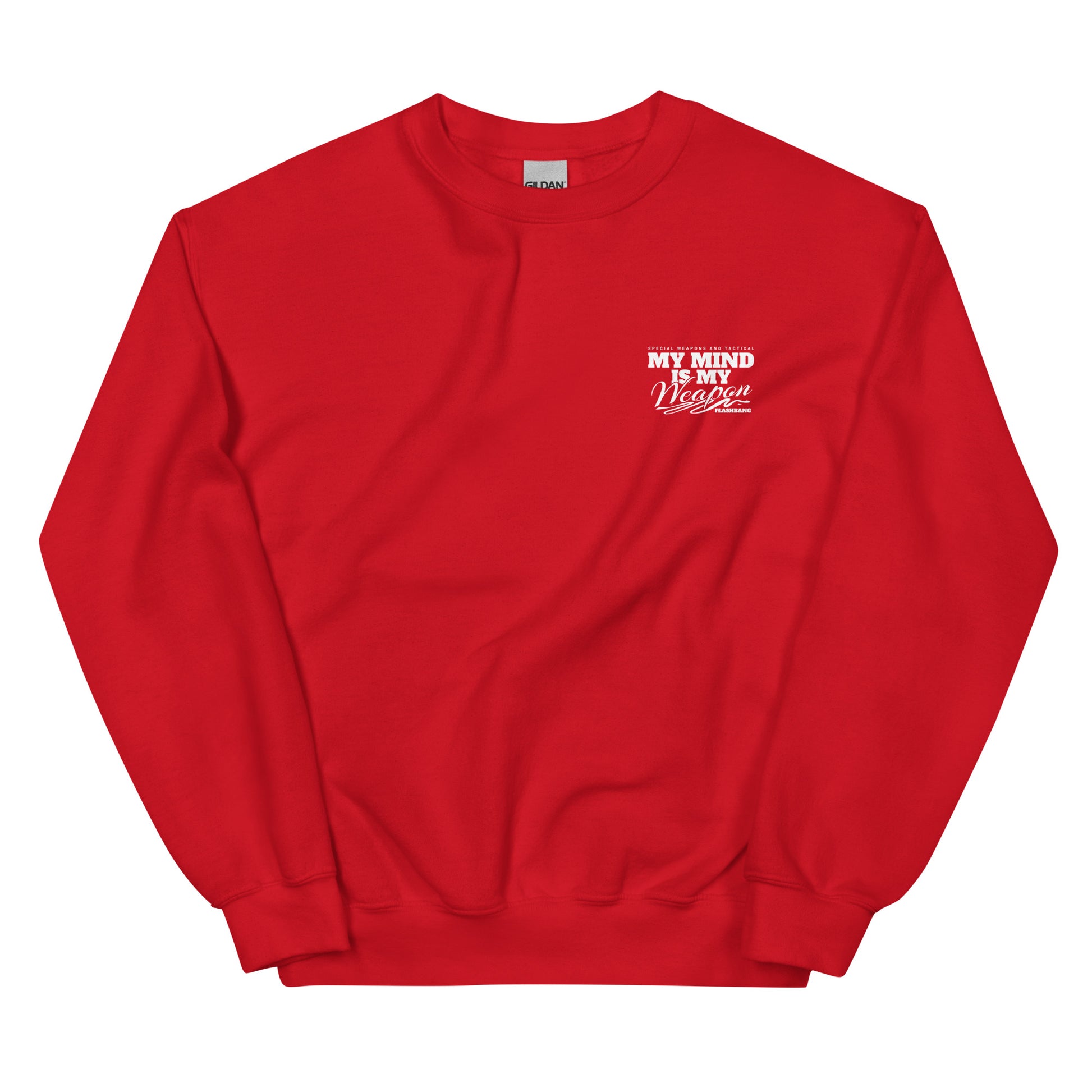 Red sweatshirt with white text on a white background