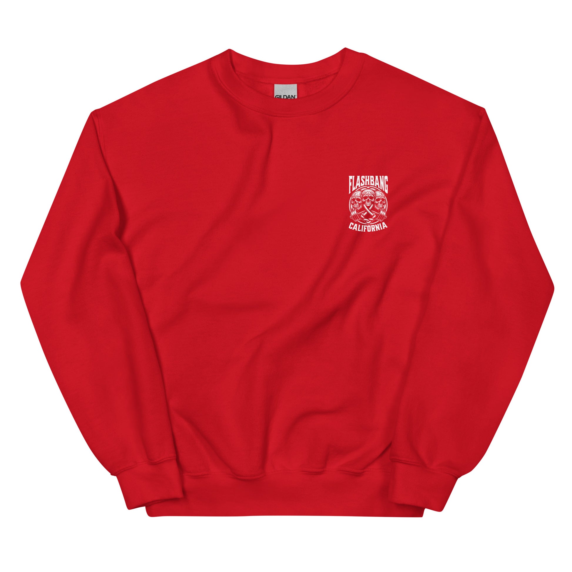 Red sweatshirt with a logo on the chest against a white background