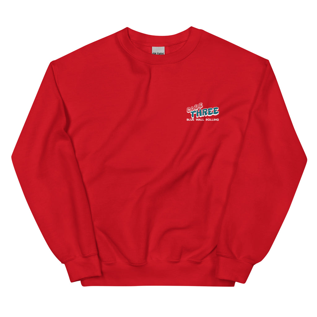 Red sweatshirt with a logo on the chest against a white background