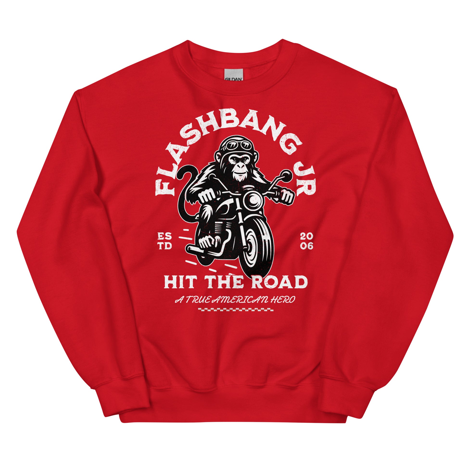 Red sweatshirt with monkey on a motorcycle graphic and text on a white background
