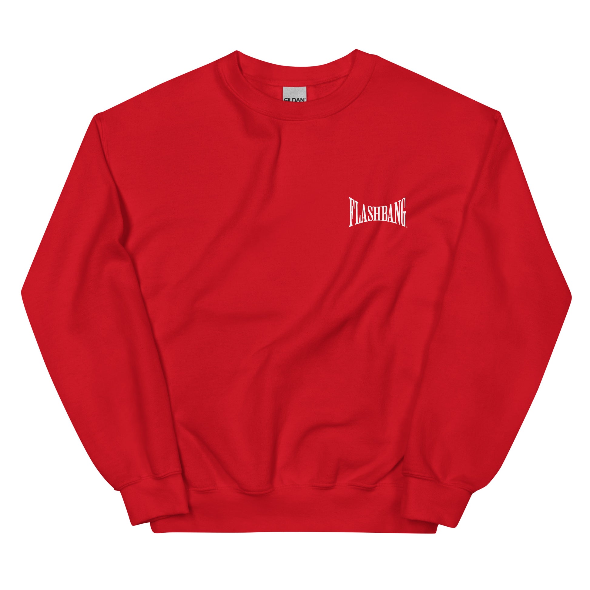 Red sweatshirt with 'FLASHHANG' logo on a white background