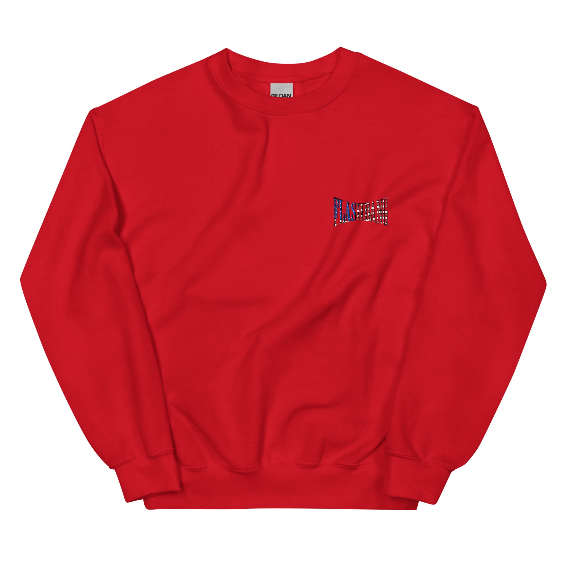 Red sweatshirt with a small logo on the chest against a white background
