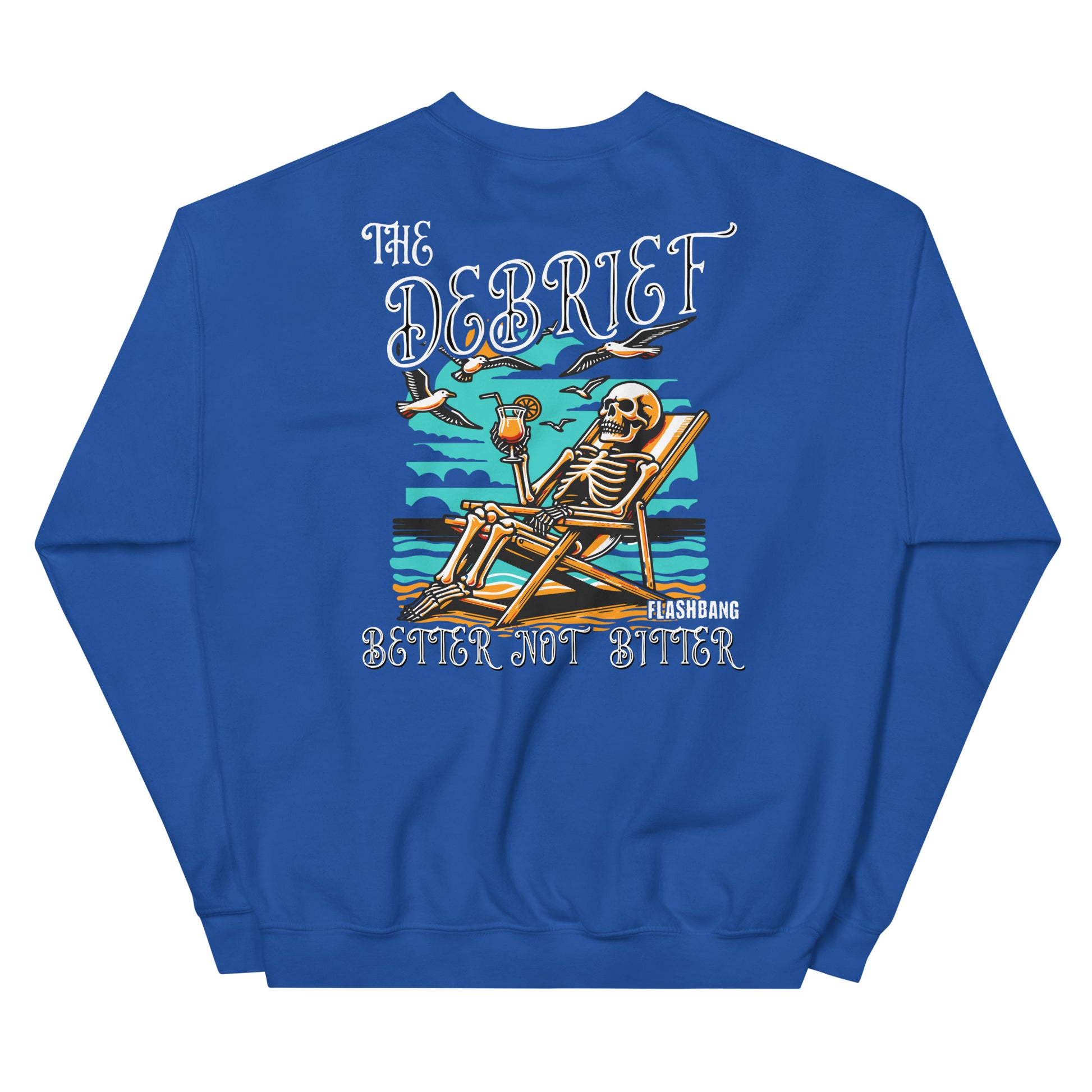 Blue sweatshirt with a skeleton design and text on the back