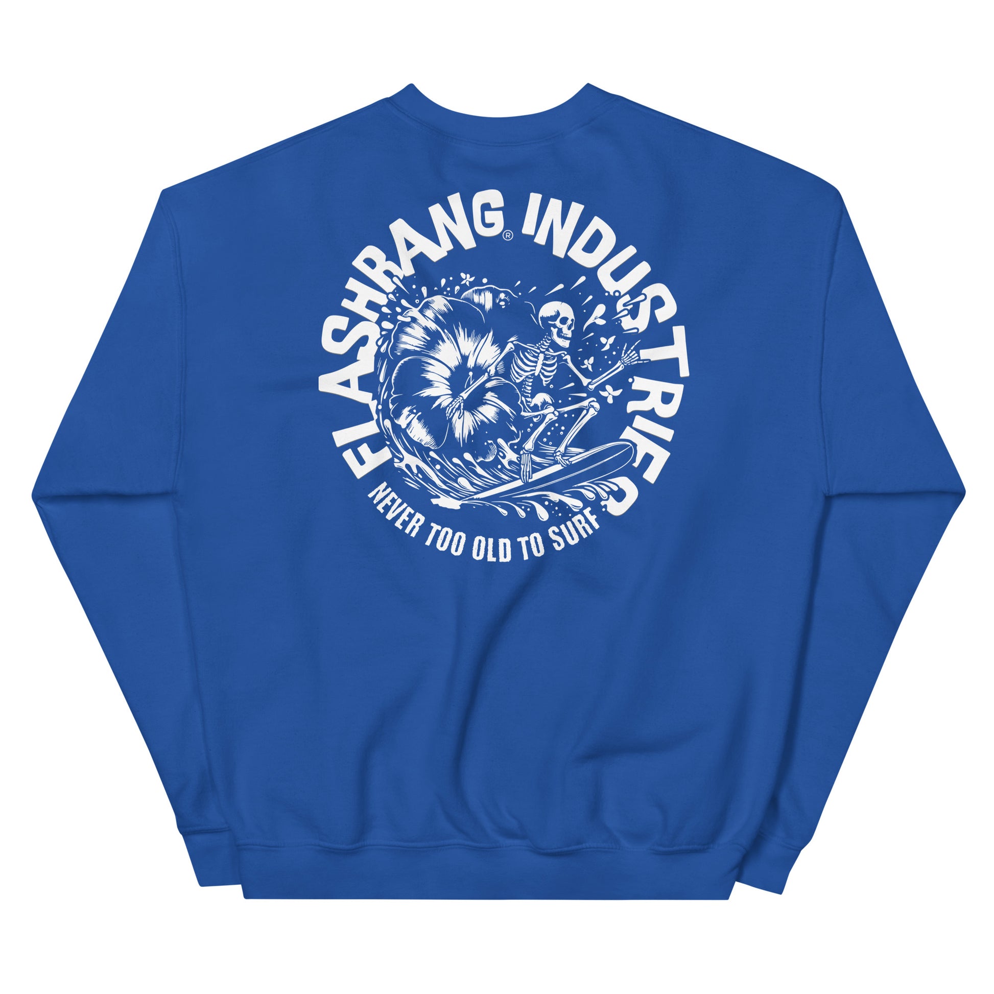 Blue sweatshirt with white graphic and text on a white background