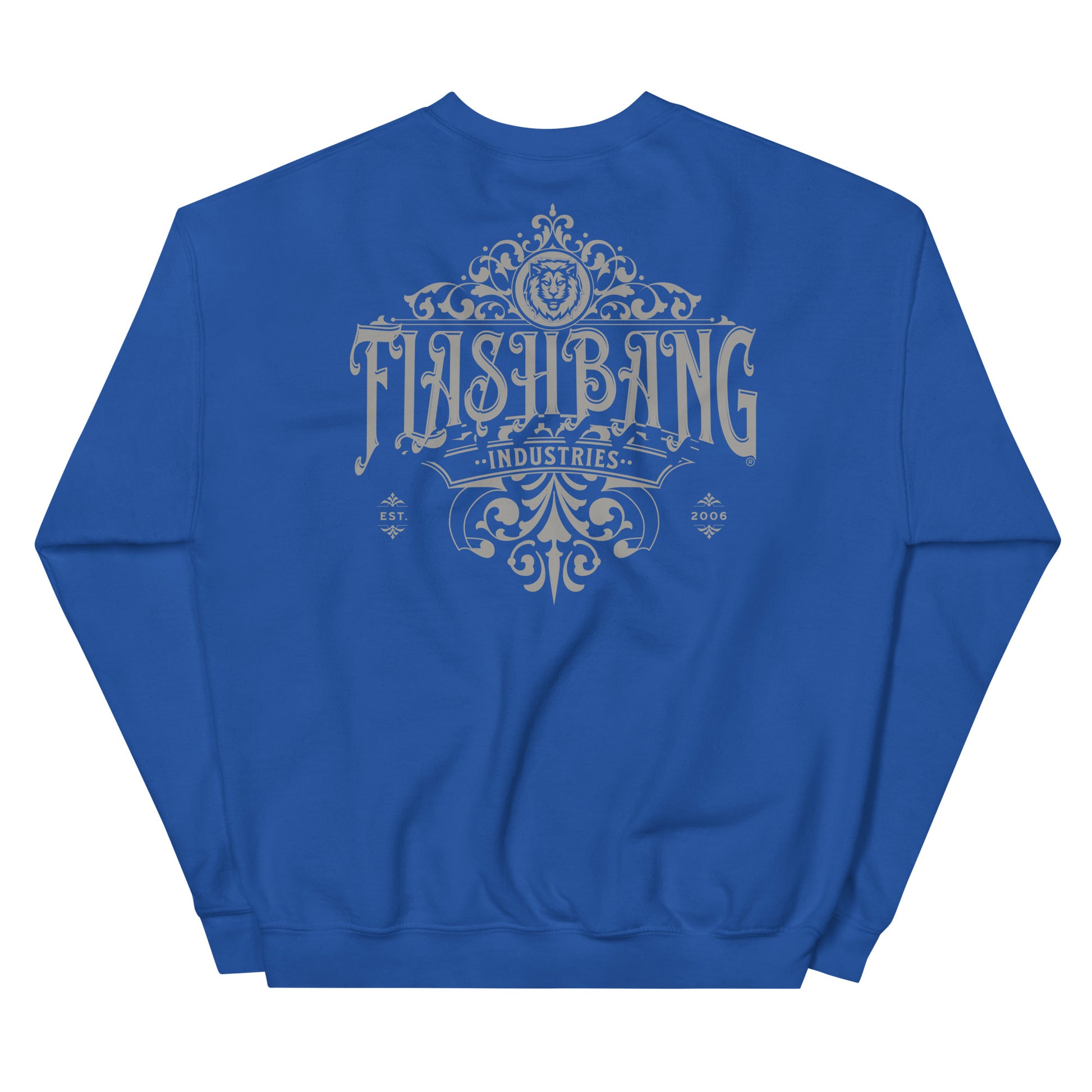 Blue sweatshirt with 'Flash Bang Industries' text on a white background