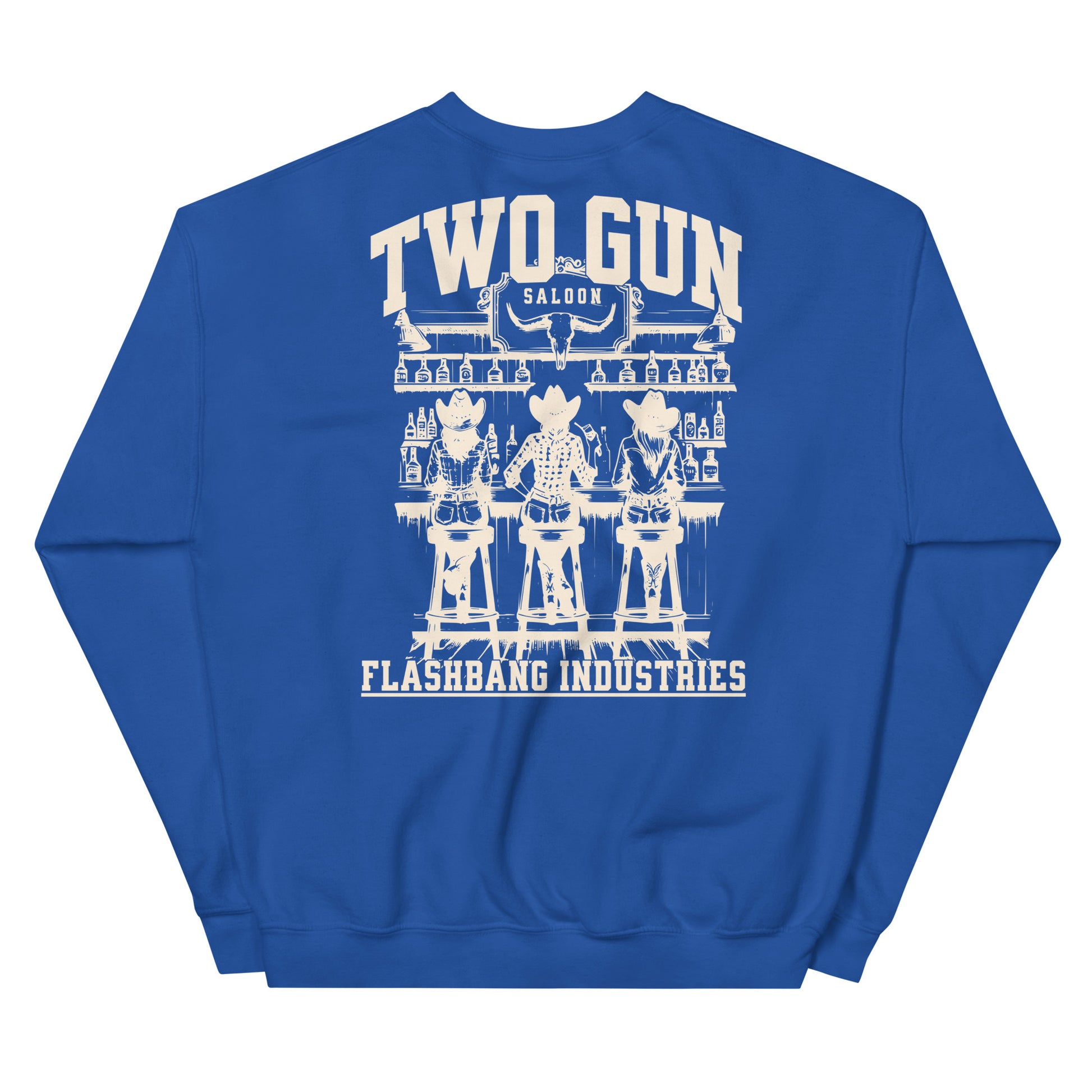 Blue sweatshirt with 'Two Gun Saloon' graphic and 'Flashbang Industries' text on a white background