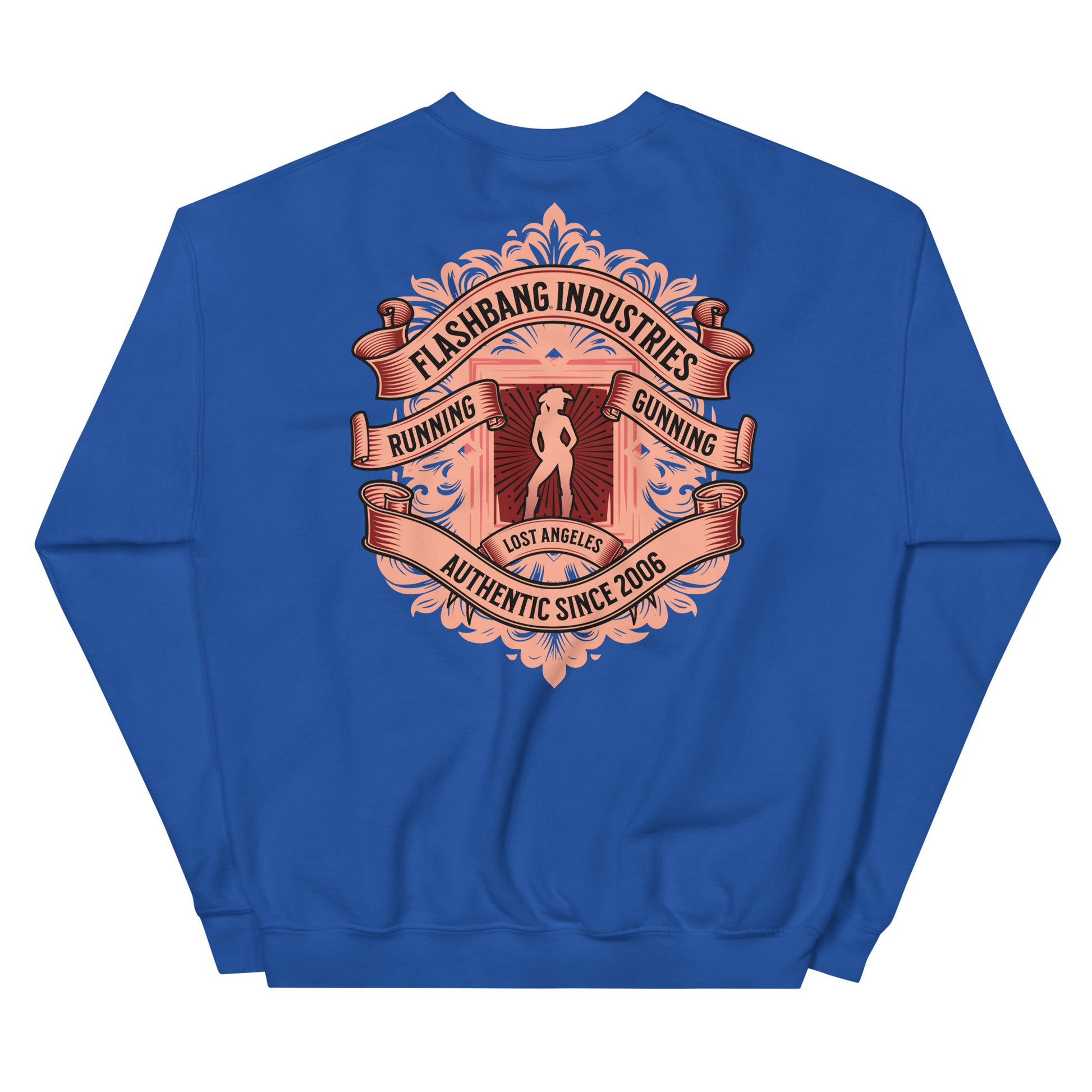 Blue sweatshirt with a red graphic design on the back on a white background