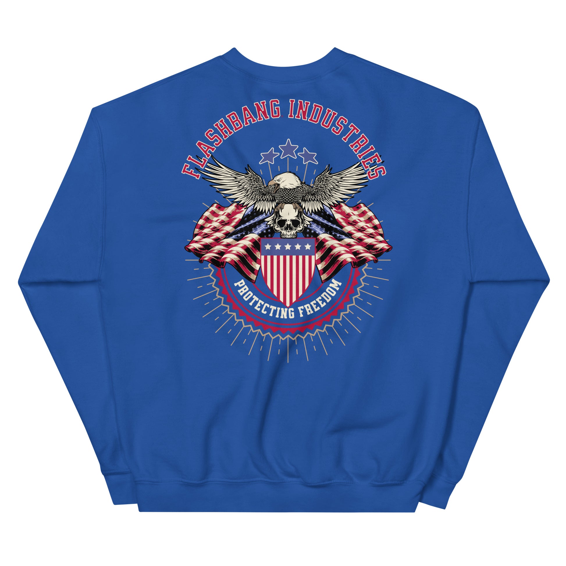 Blue sweatshirt with an eagle and American flag design on the back, featuring the brand 'Flashbang Industries'.