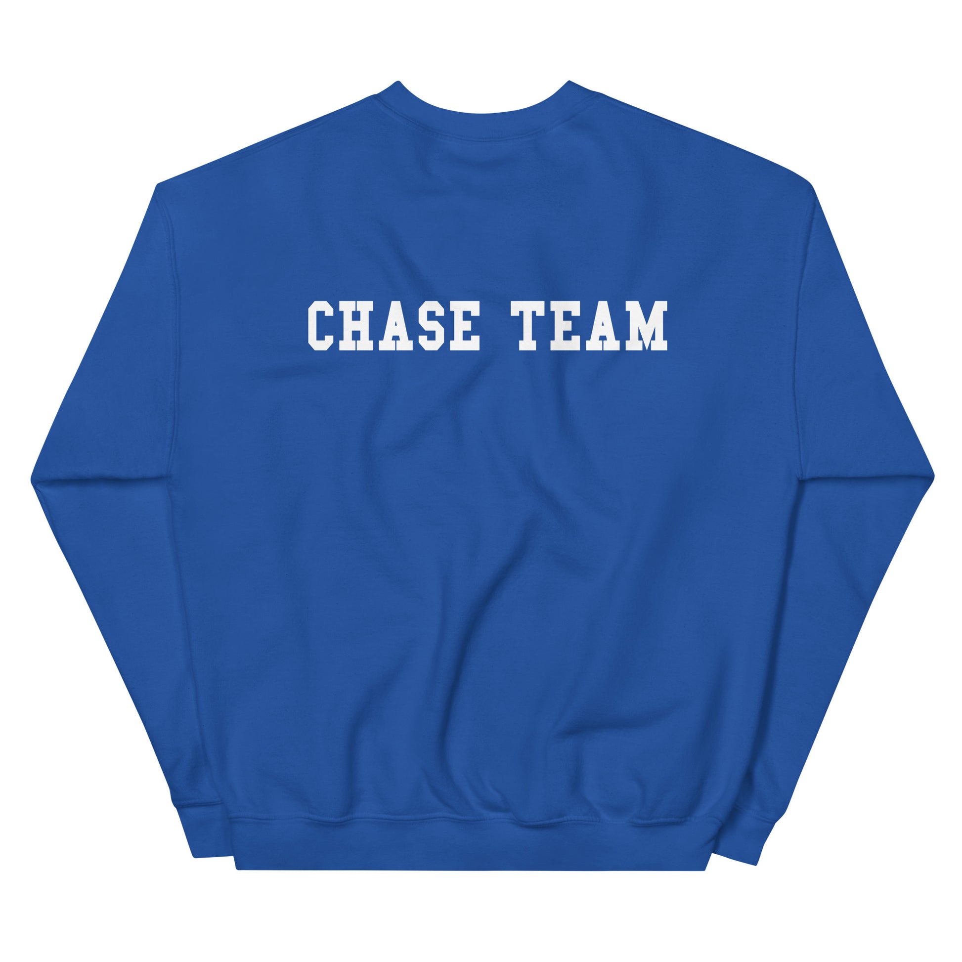Blue sweatshirt with 'CHASE TEAM' text on a white background