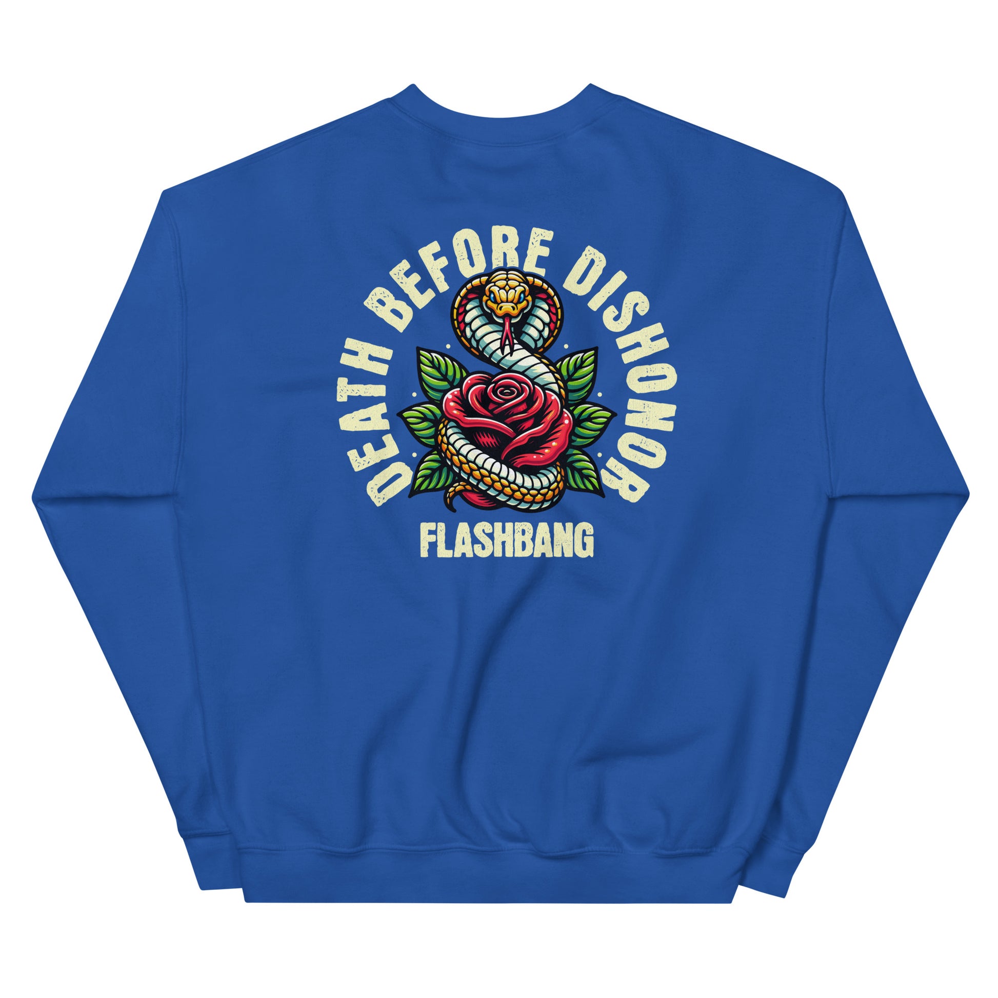 Blue sweatshirt with 'Death Before Dishonor Flashbang' design on a white background