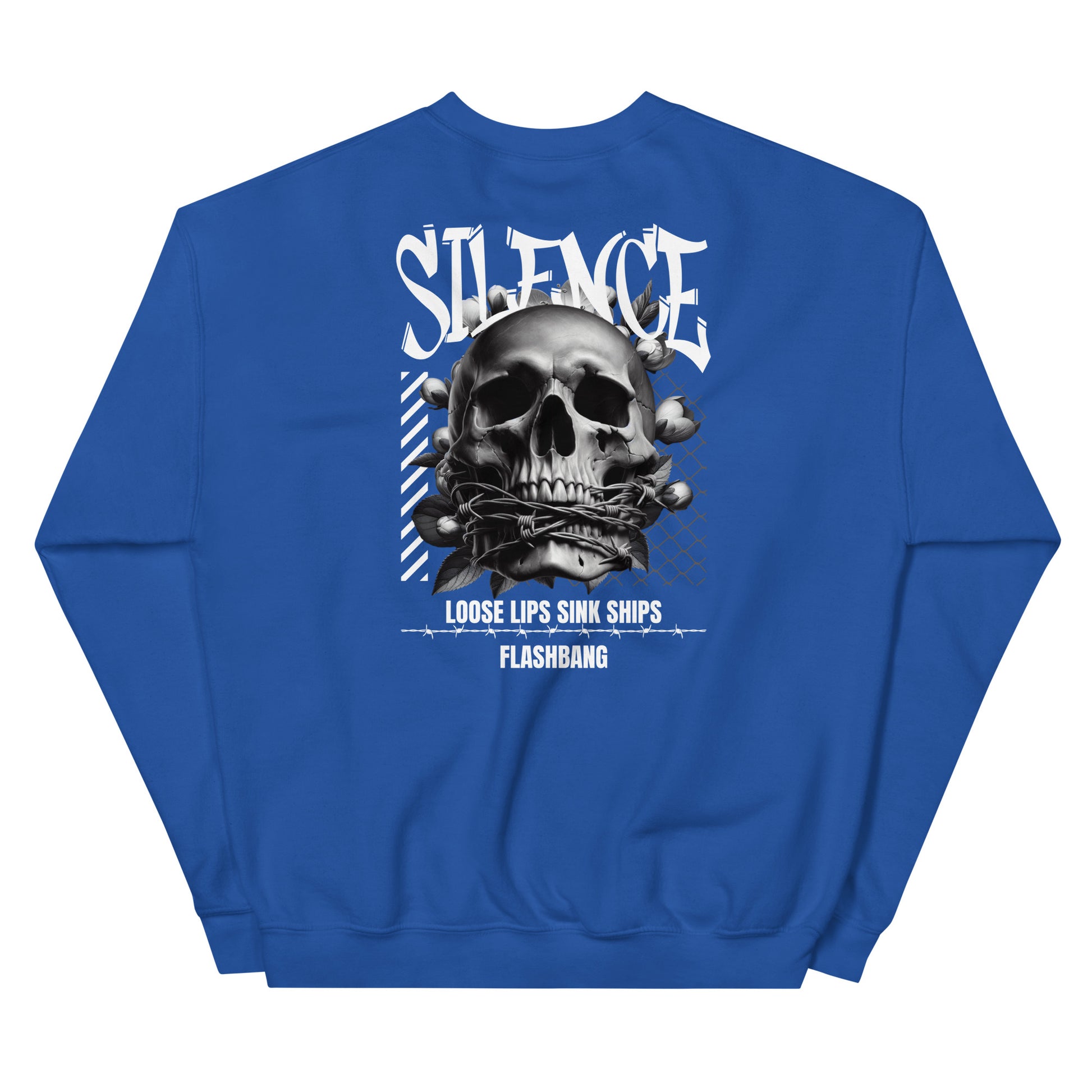 Blue sweatshirt with a skull graphic and text on the back, on a white background