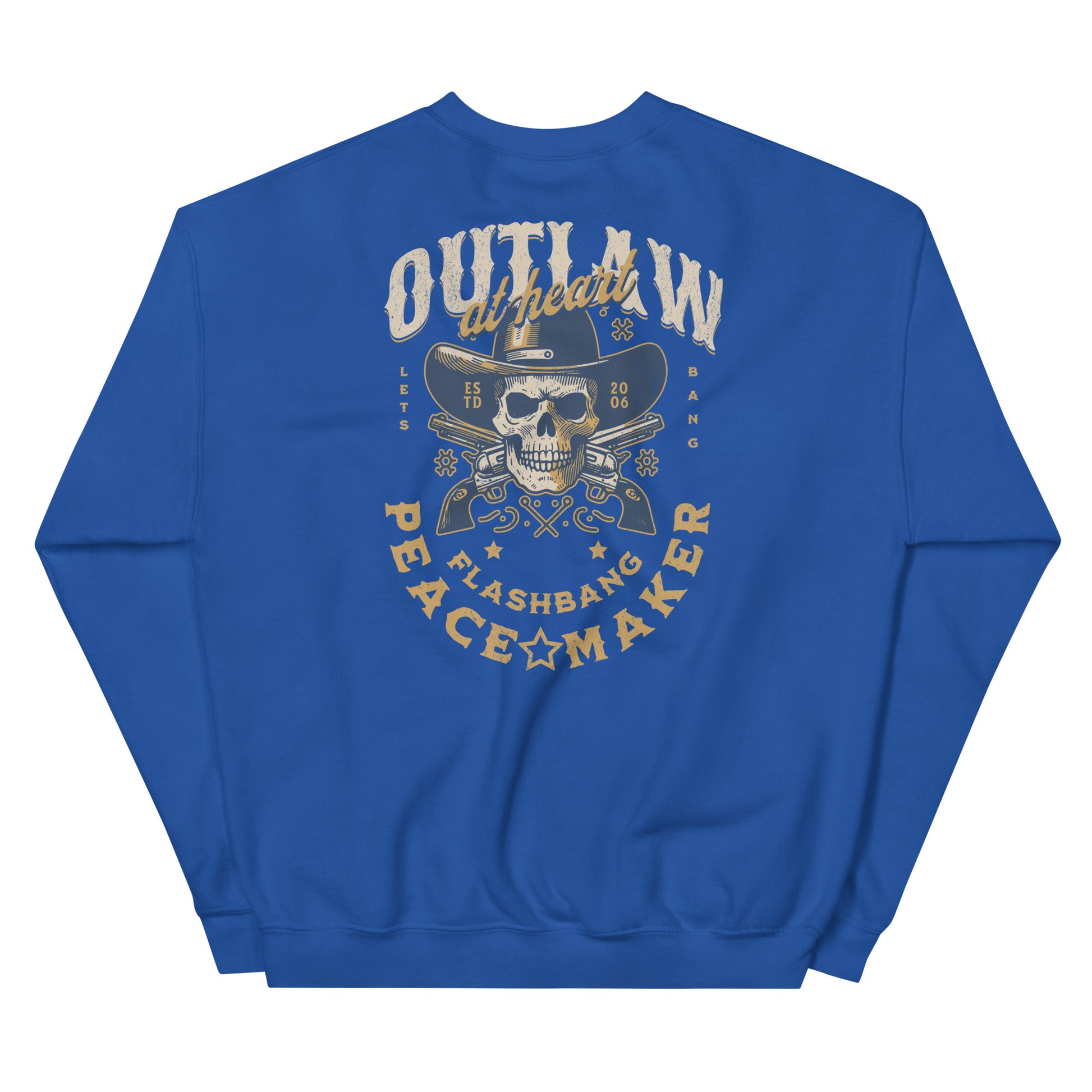 Blue sweatshirt with graphic design and text on a white background
