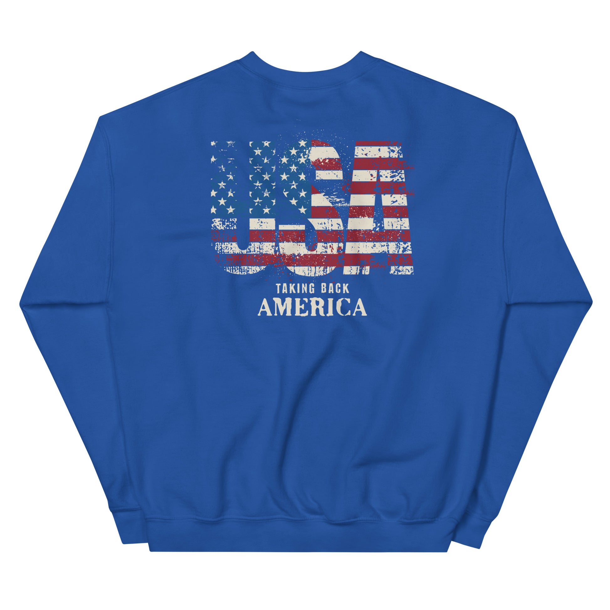 Blue sweatshirt with American flag design and text on a white background
